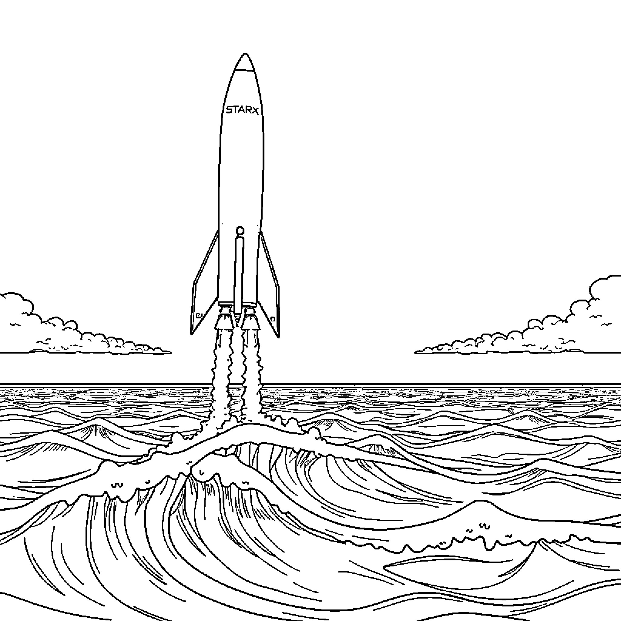 Rocket launching over ocean waves Coloring Page (free black-and-white line drawing printable PDF for all, from beginners to advanced learners, including children, teens, adults, and seniors)