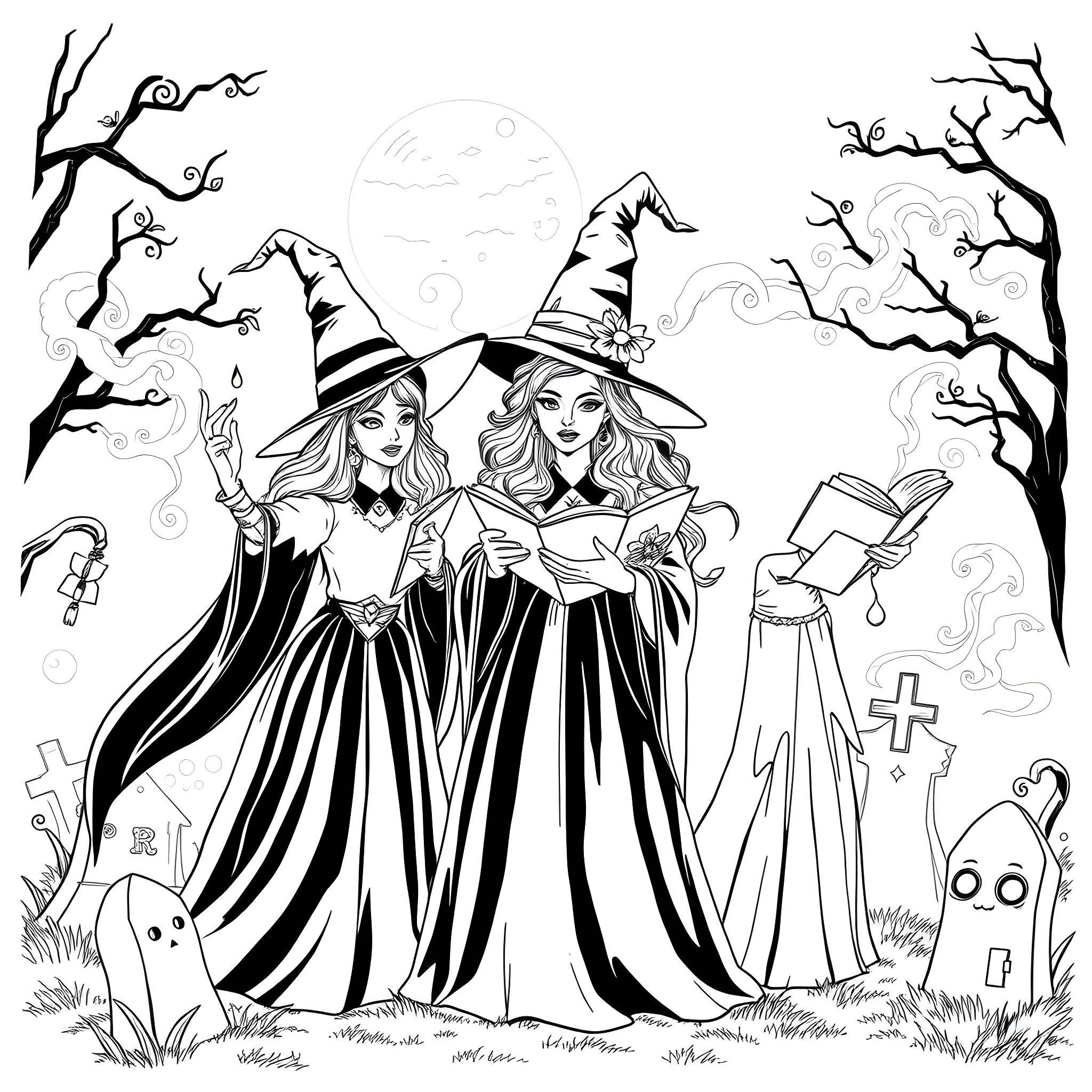 Sanderson Sisters in Bewitching Attire Coloring Page (free black-and-white line drawing printable PDF for all, from beginners to advanced learners, including children, teens, adults, and seniors)
