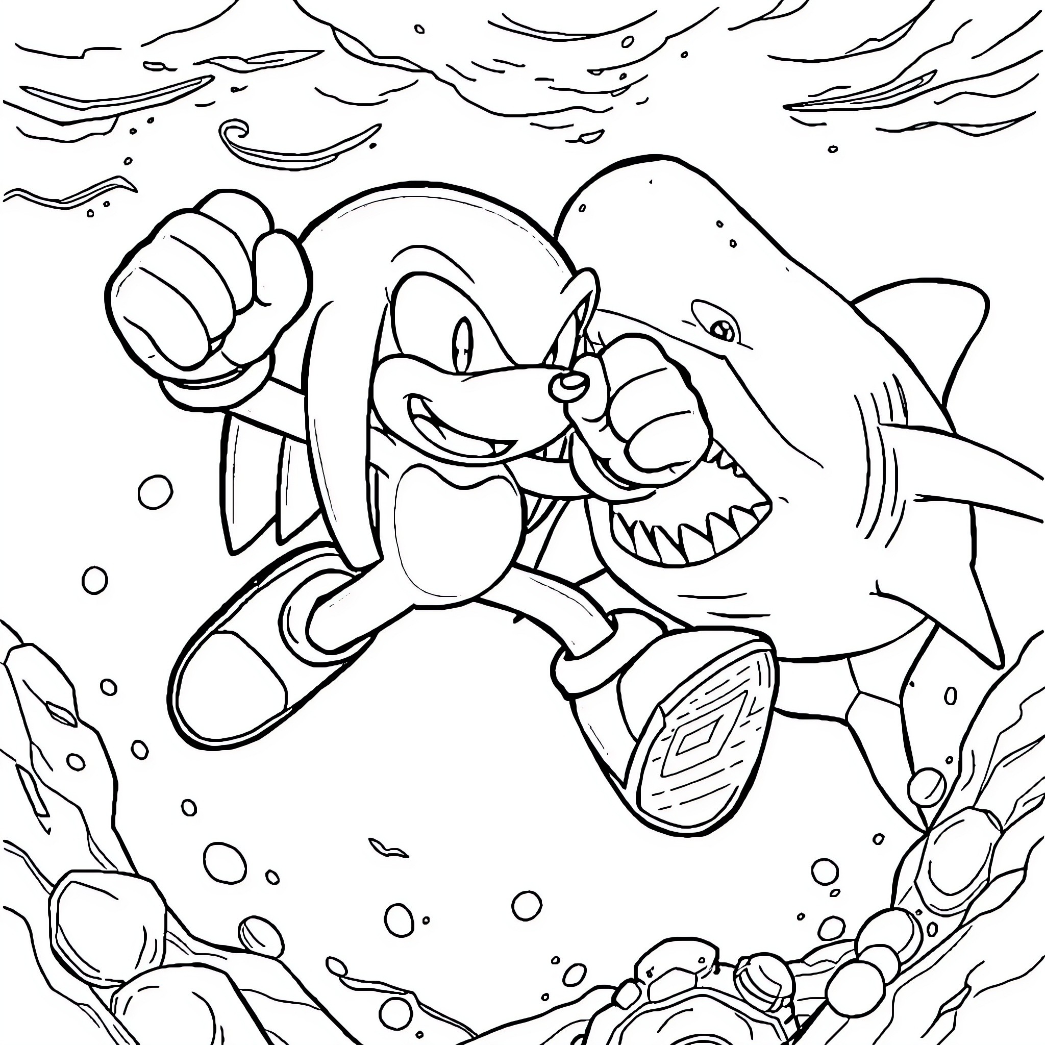 Knuckles the Echidna's Underwater Adventure Coloring Page (free black-and-white line drawing printable PDF for all, from beginners to advanced learners, including children, teens, adults, and seniors)