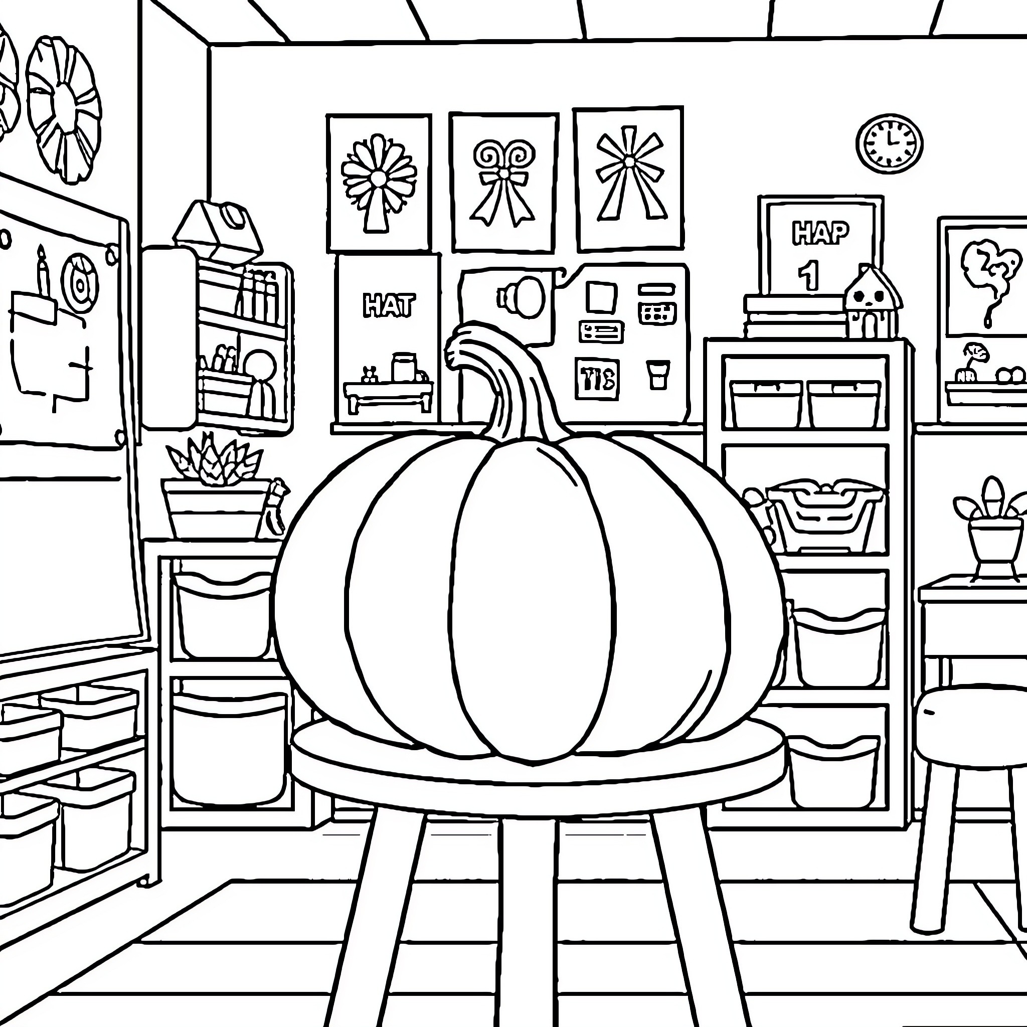 Pumpkin in a cozy home decor setting Coloring Page (free black-and-white line drawing printable PDF for all, from beginners to advanced learners, including children, teens, adults, and seniors)
