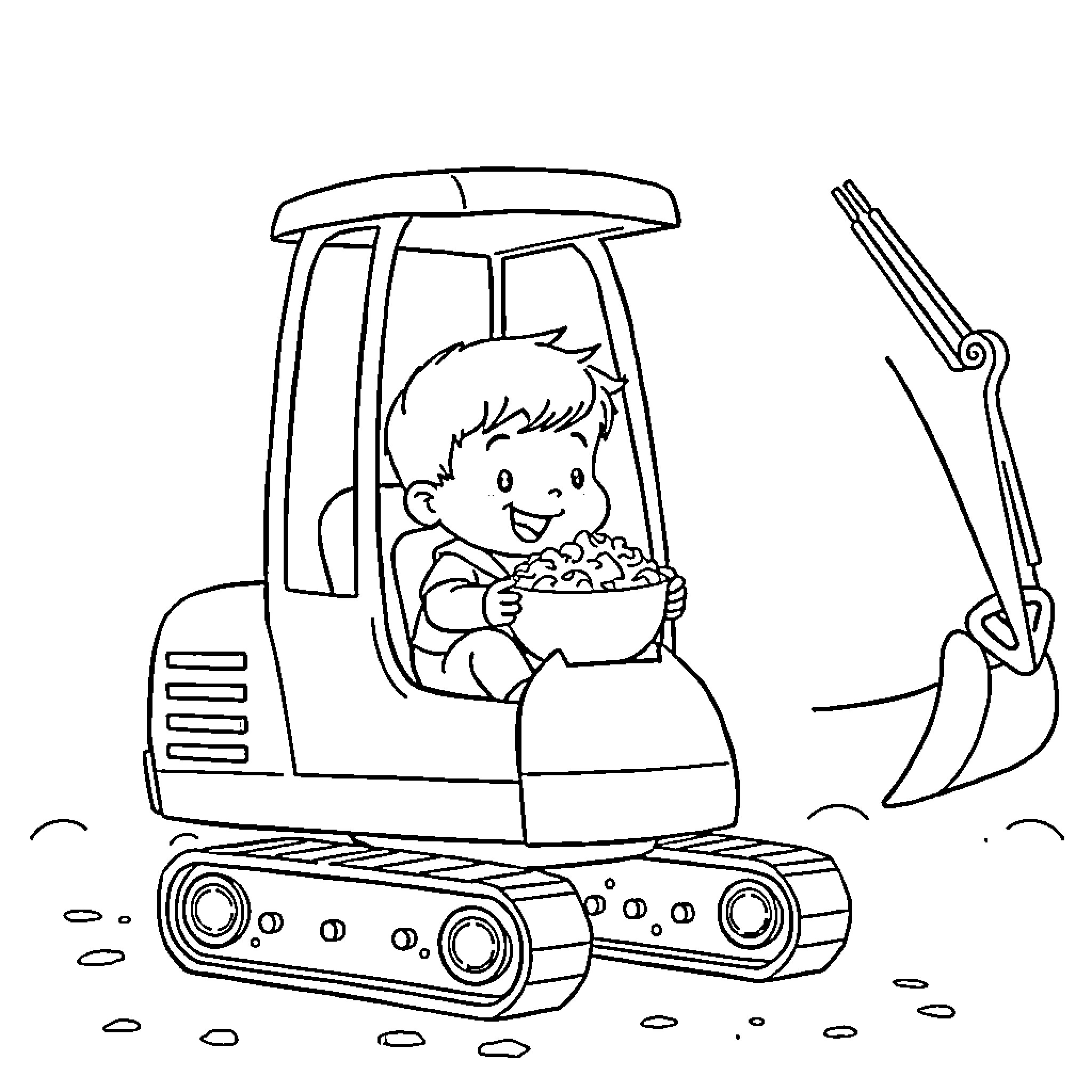 Boy operating a construction excavator with enthusiasm Coloring Page (free black-and-white line drawing printable PDF for all, from beginners to advanced learners, including children, teens, adults, and seniors)