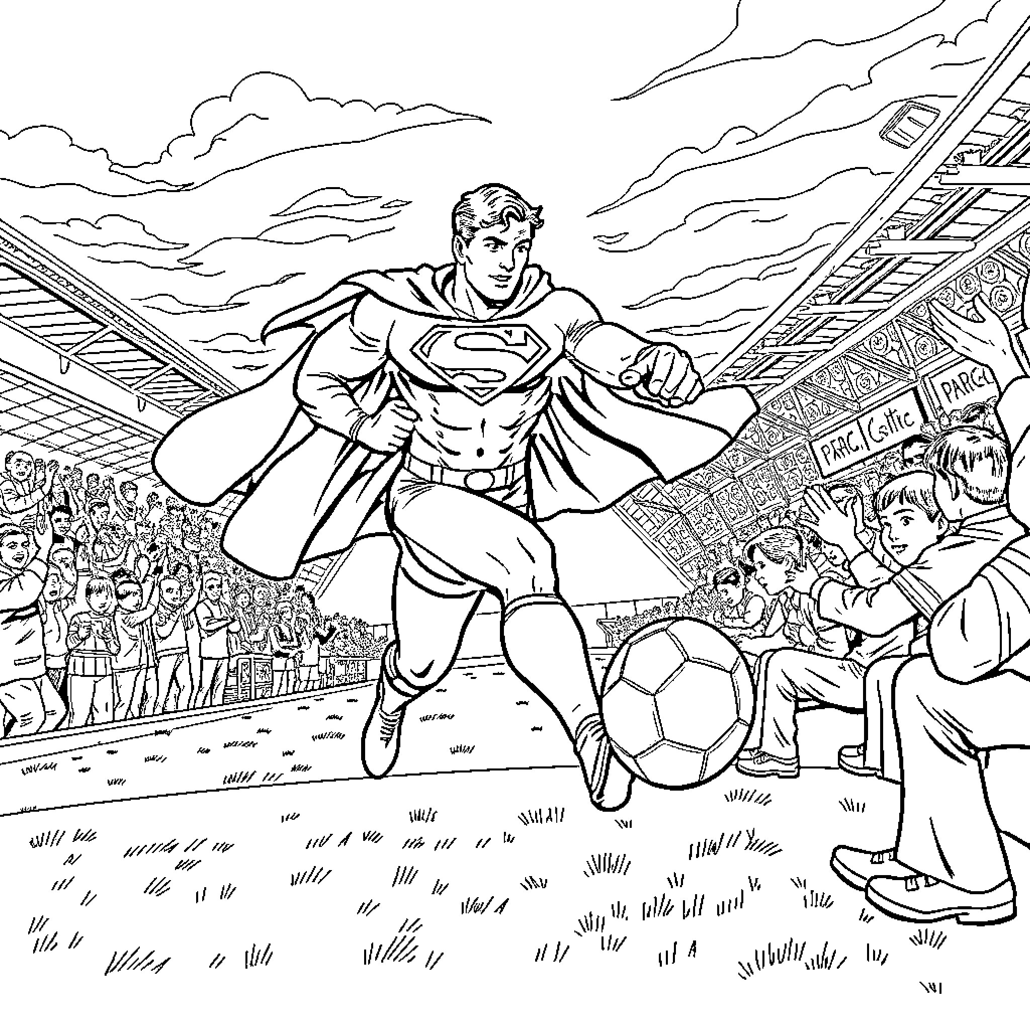 Superman saves the day at a sports event Coloring Page (free black-and-white line drawing printable PDF for all, from beginners to advanced learners, including children, teens, adults, and seniors)