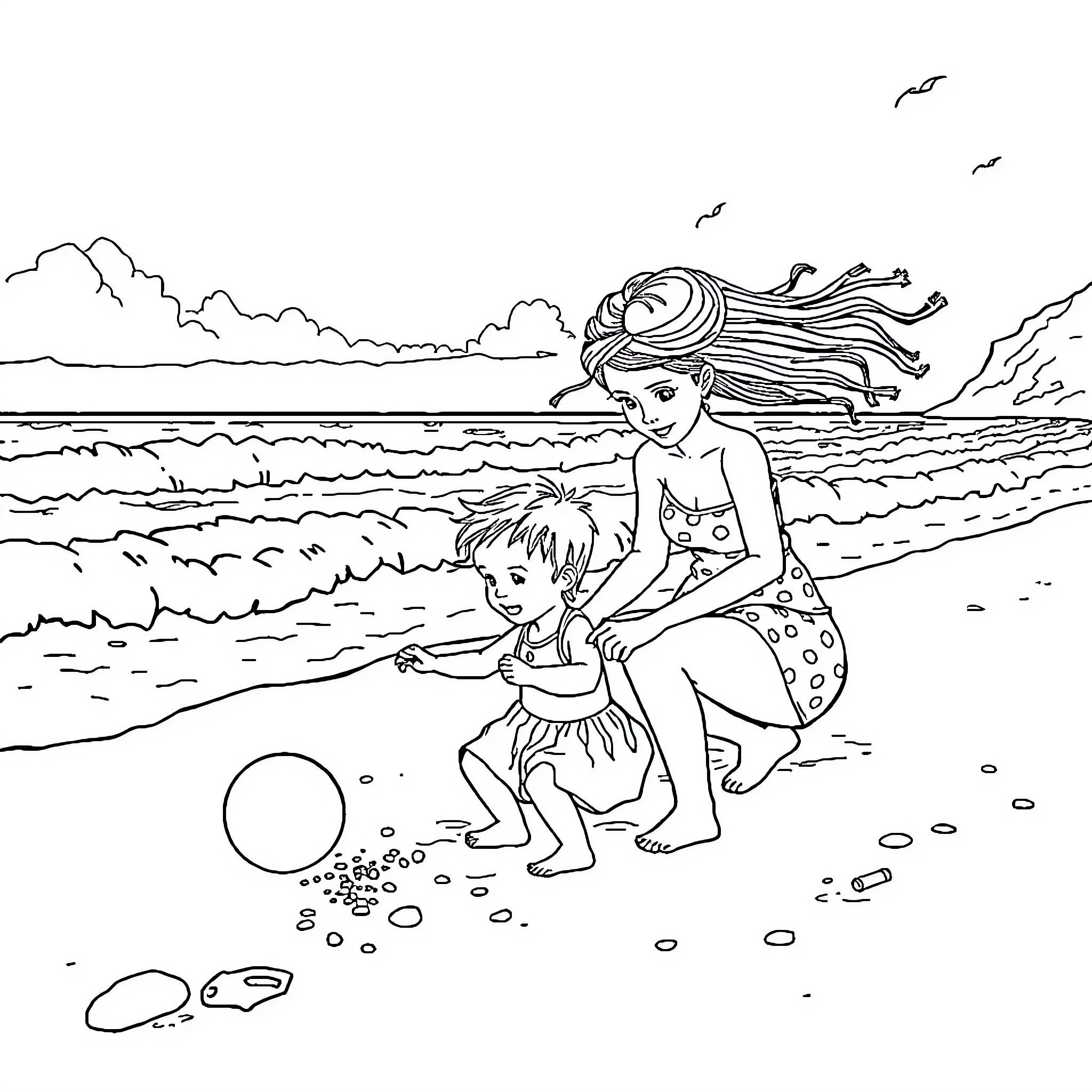 Mommy and child playing on the beach Coloring Page (free black-and-white line drawing printable PDF for all, from beginners to advanced learners, including children, teens, adults, and seniors)