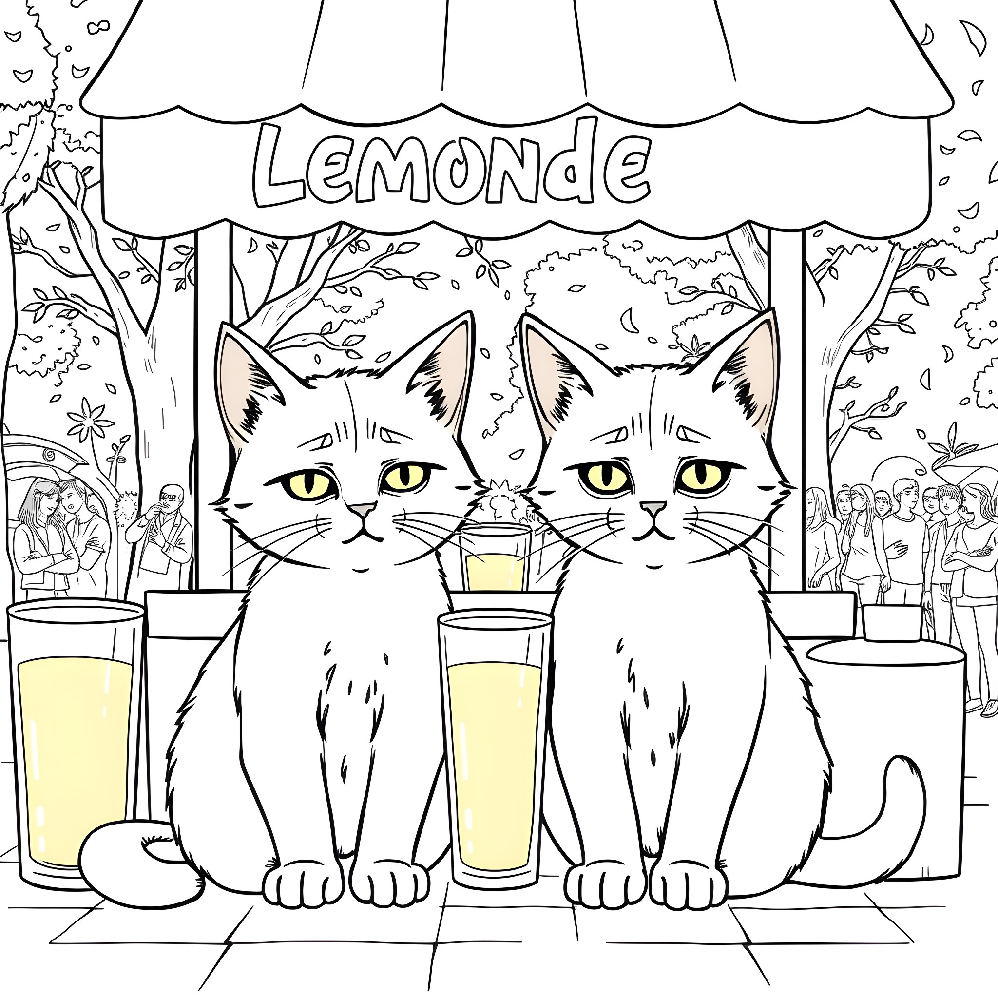 Cats operating a lemonade stand Coloring Page (free black-and-white line drawing printable PDF for all, from beginners to advanced learners, including children, teens, adults, and seniors)
