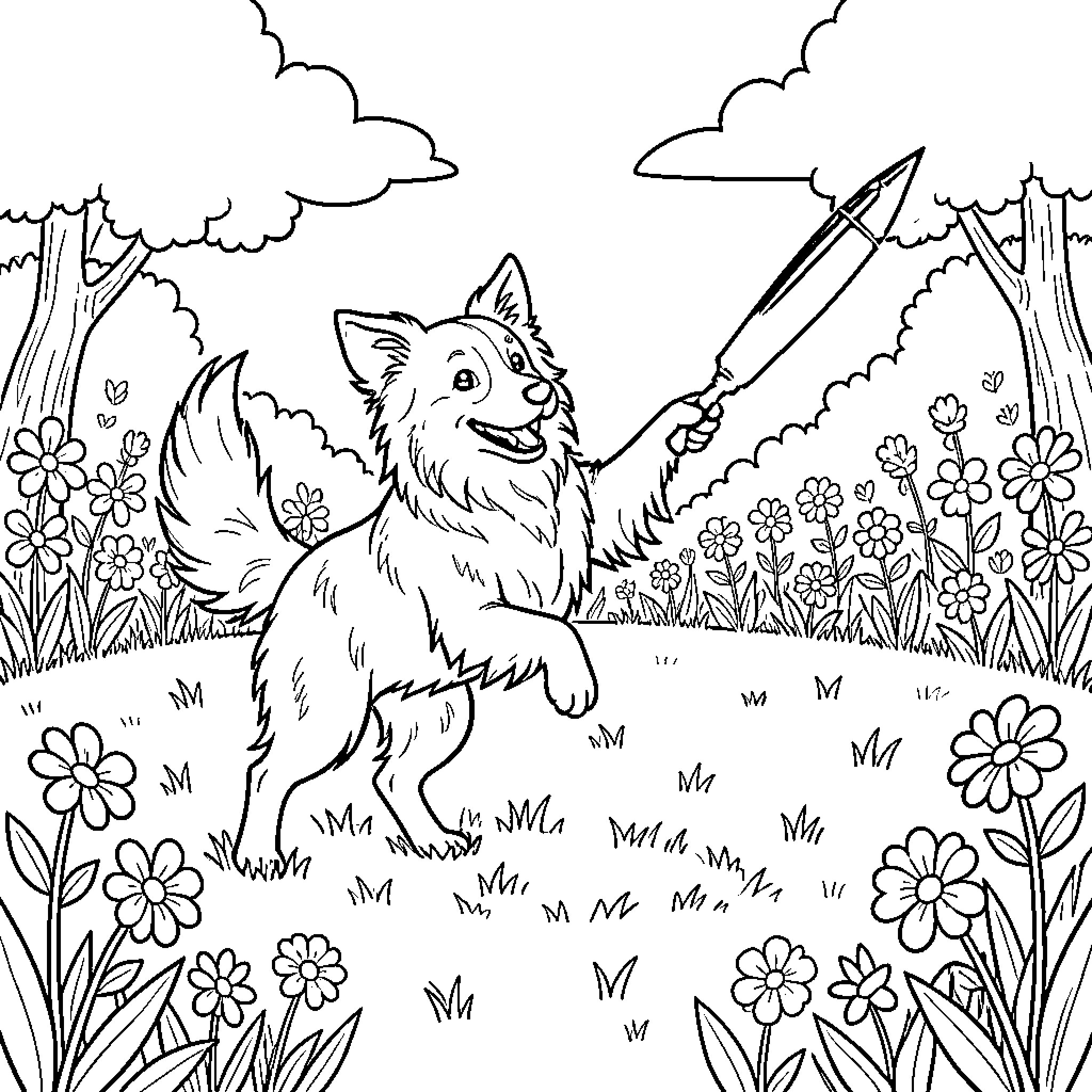 Border Collie frolicking in a floral meadow Coloring Page (free black-and-white line drawing printable PDF for all, from beginners to advanced learners, including children, teens, adults, and seniors)