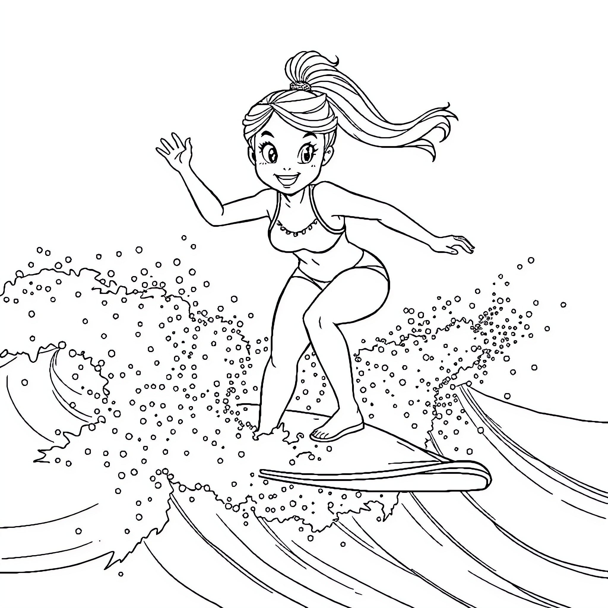 Gabby surfing happily in the ocean Coloring Page (free black-and-white line drawing printable PDF for all, from beginners to advanced learners, including children, teens, adults, and seniors)