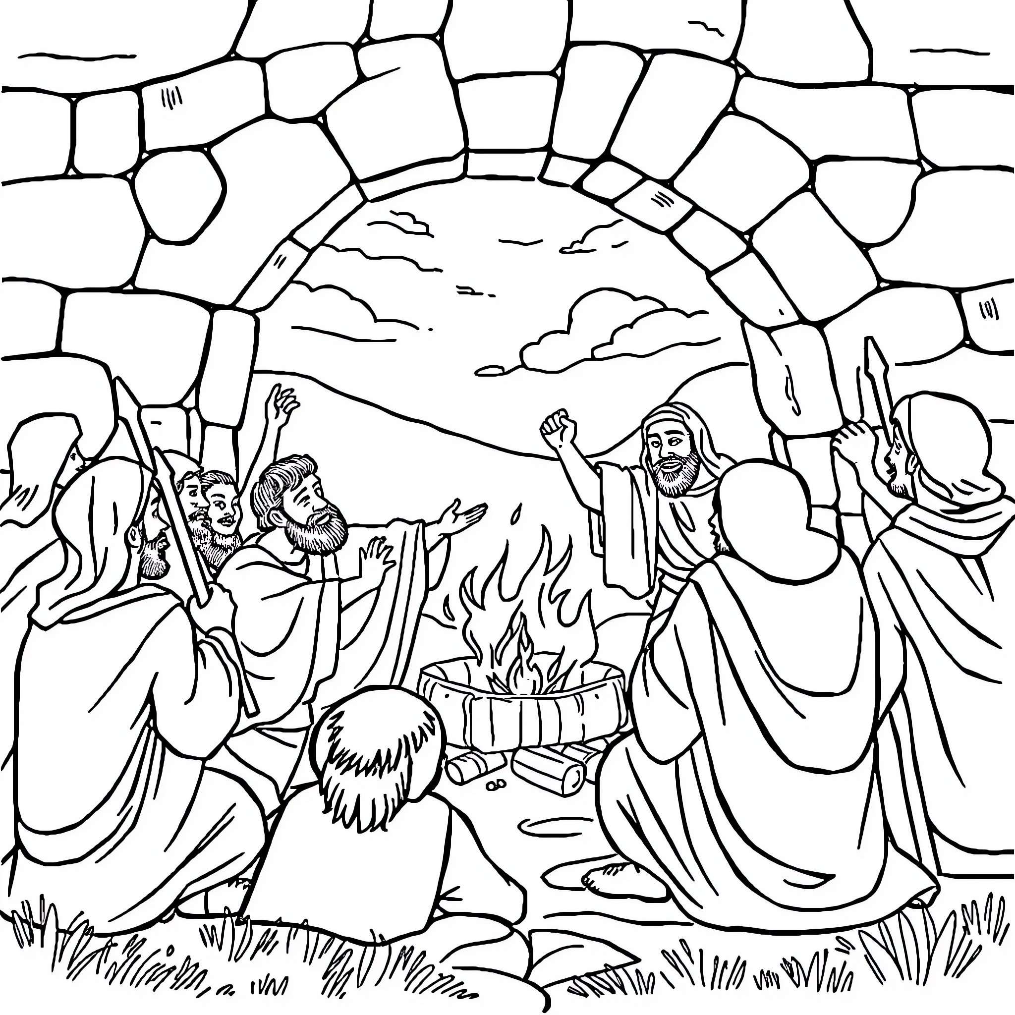 Bible Scene of People Gathered Around a Fire Coloring Page (free black-and-white line drawing printable PDF for all, from beginners to advanced learners, including children, teens, adults, and seniors)