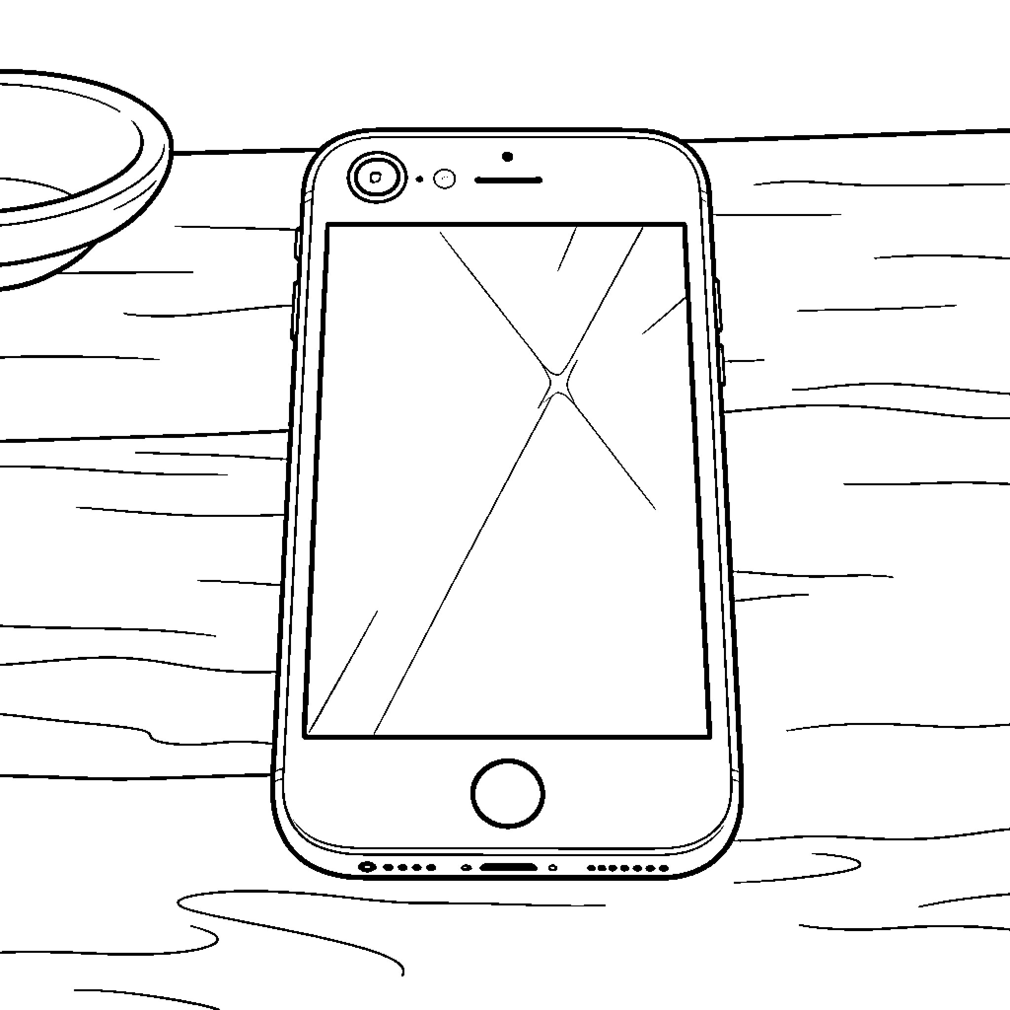 iPhone with a cracked screen lying on a table Coloring Page (free black-and-white line drawing printable PDF for all, from beginners to advanced learners, including children, teens, adults, and seniors)