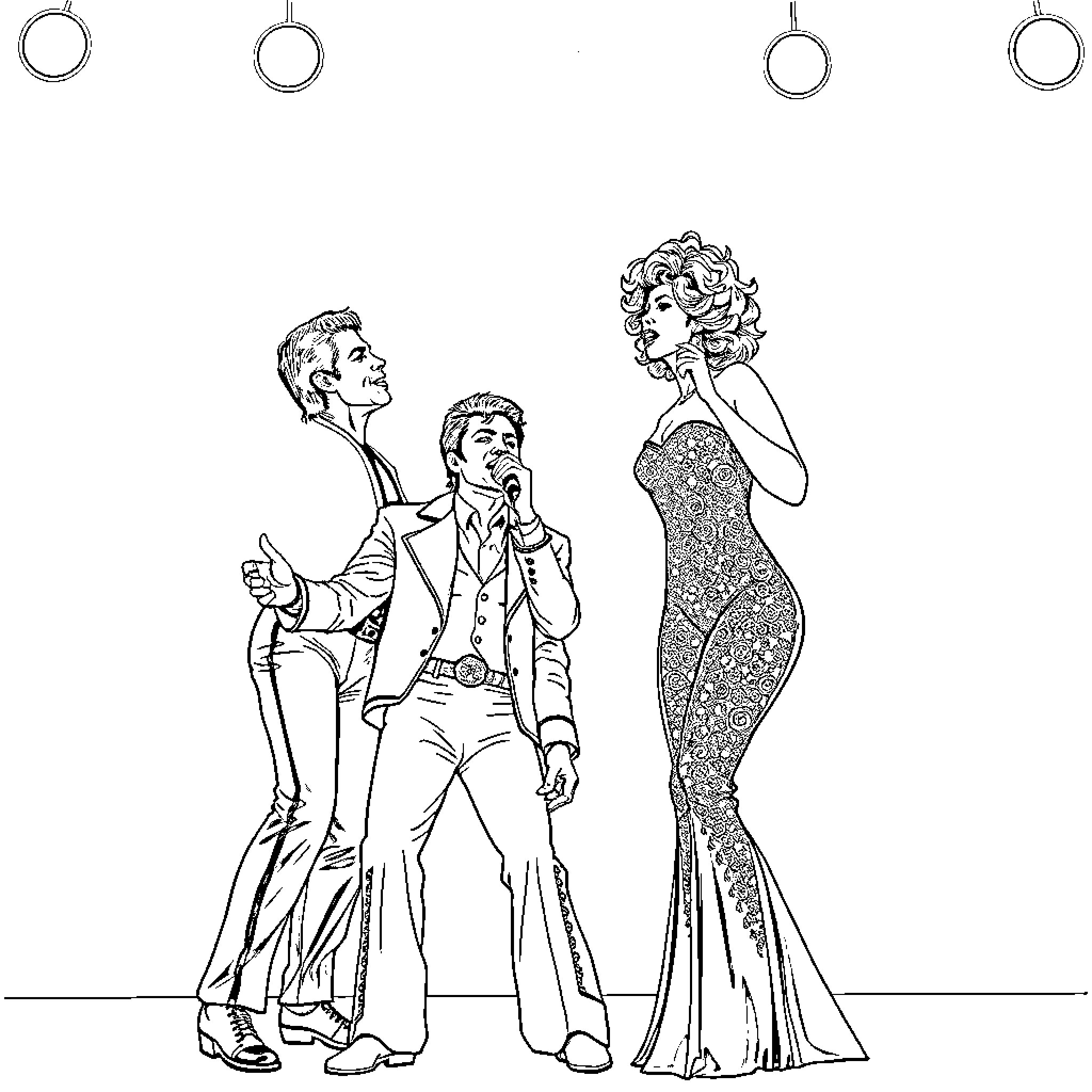 Singer performs on stage with band members Coloring Page (free black-and-white line drawing printable PDF for all, from beginners to advanced learners, including children, teens, adults, and seniors)