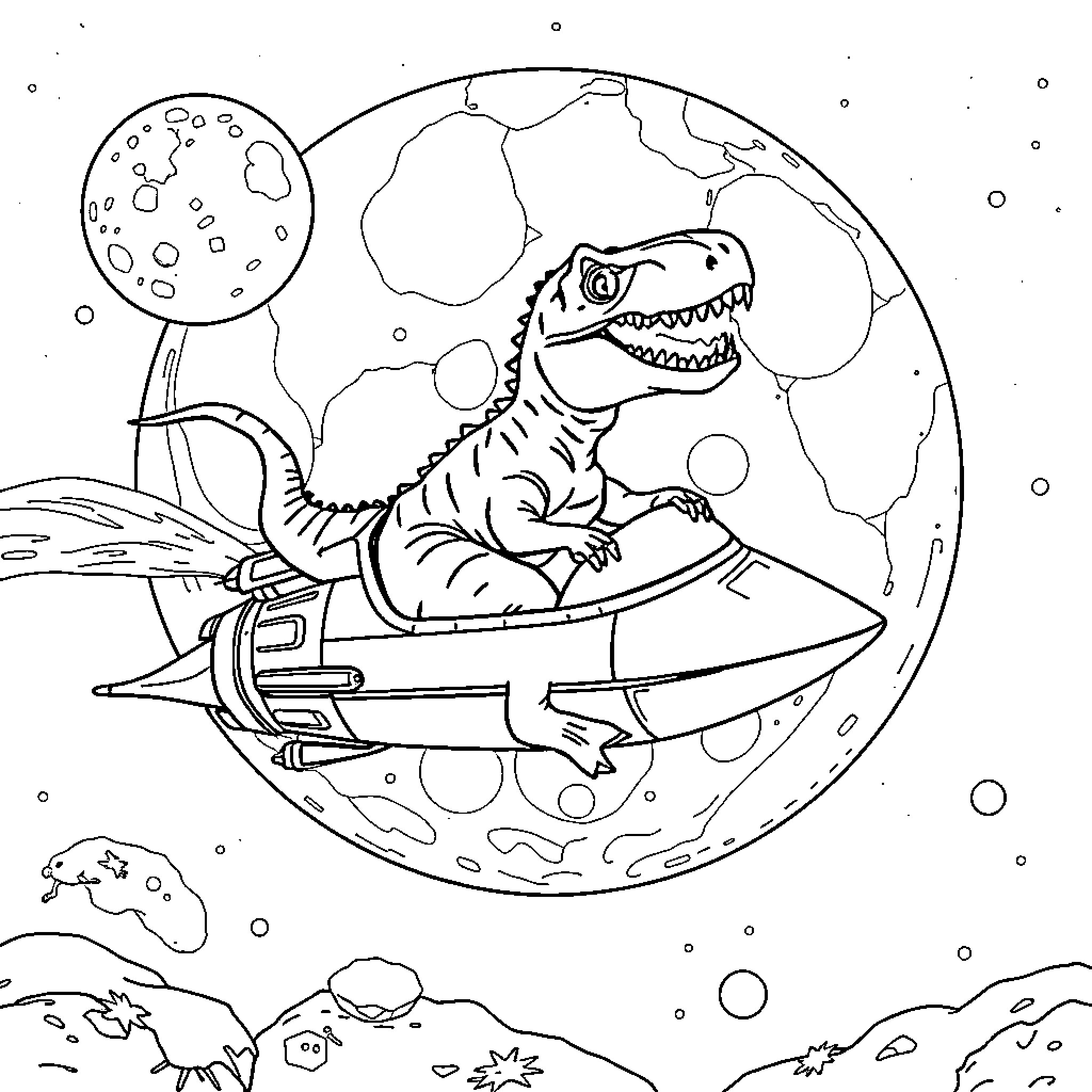 T-Rex riding a spaceship through the cosmos Coloring Page (free black-and-white line drawing printable PDF for all, from beginners to advanced learners, including children, teens, adults, and seniors)