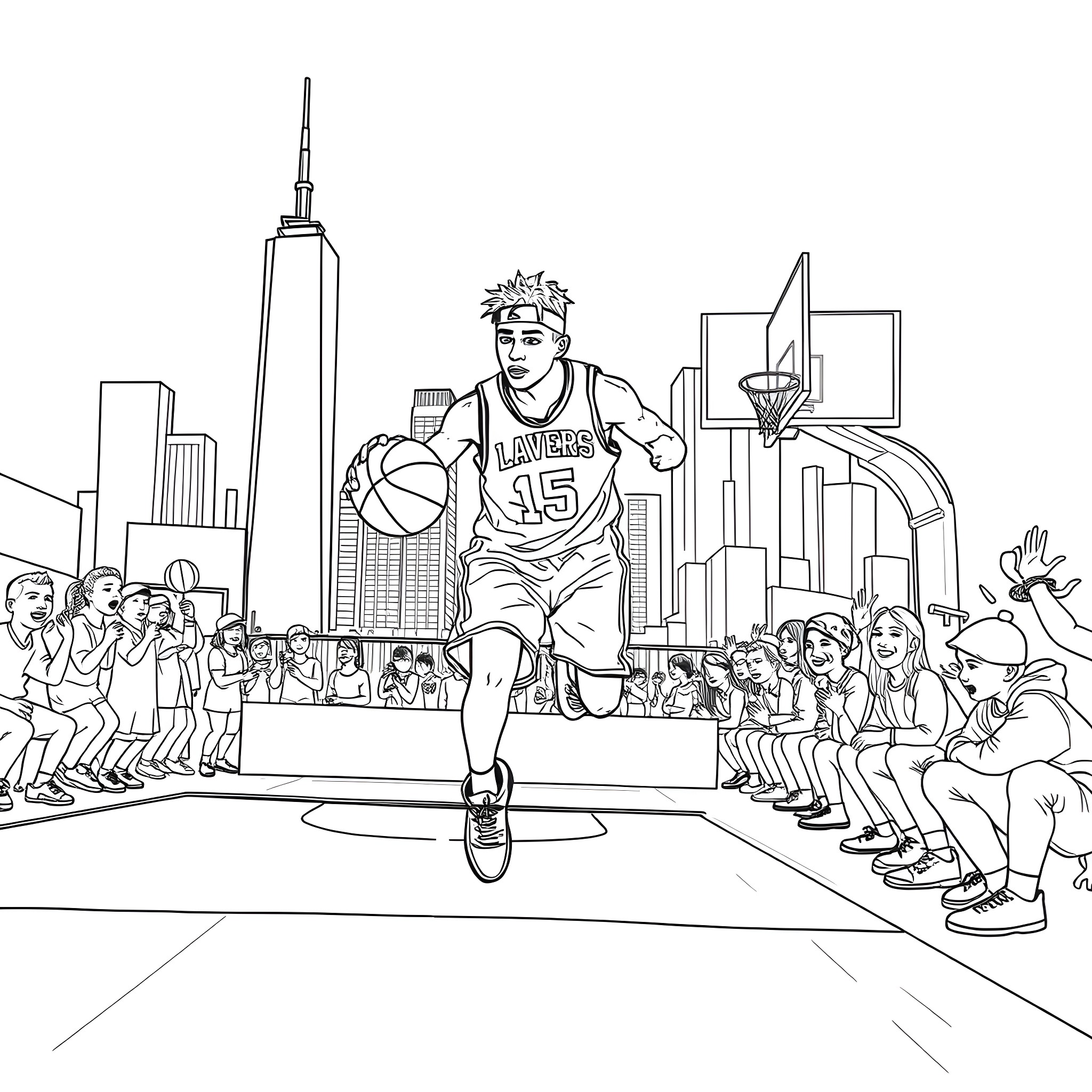 Xxxtentacion playing basketball in the city Coloring Page (free black-and-white line drawing printable PDF for all, from beginners to advanced learners, including children, teens, adults, and seniors)