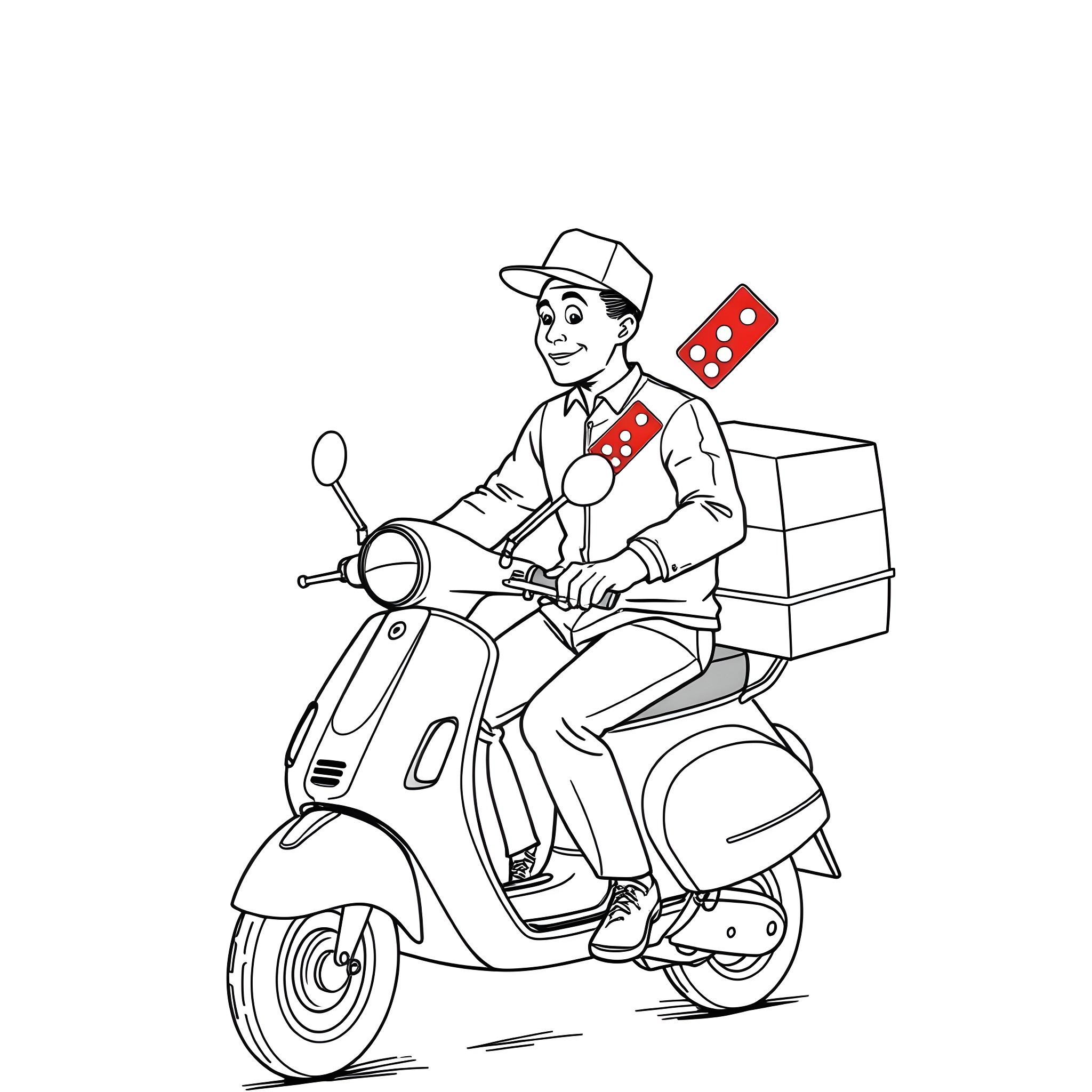 Frank Sinatra Delivering Packages by Scooter Coloring Page (free black-and-white line drawing printable PDF for all, from beginners to advanced learners, including children, teens, adults, and seniors)