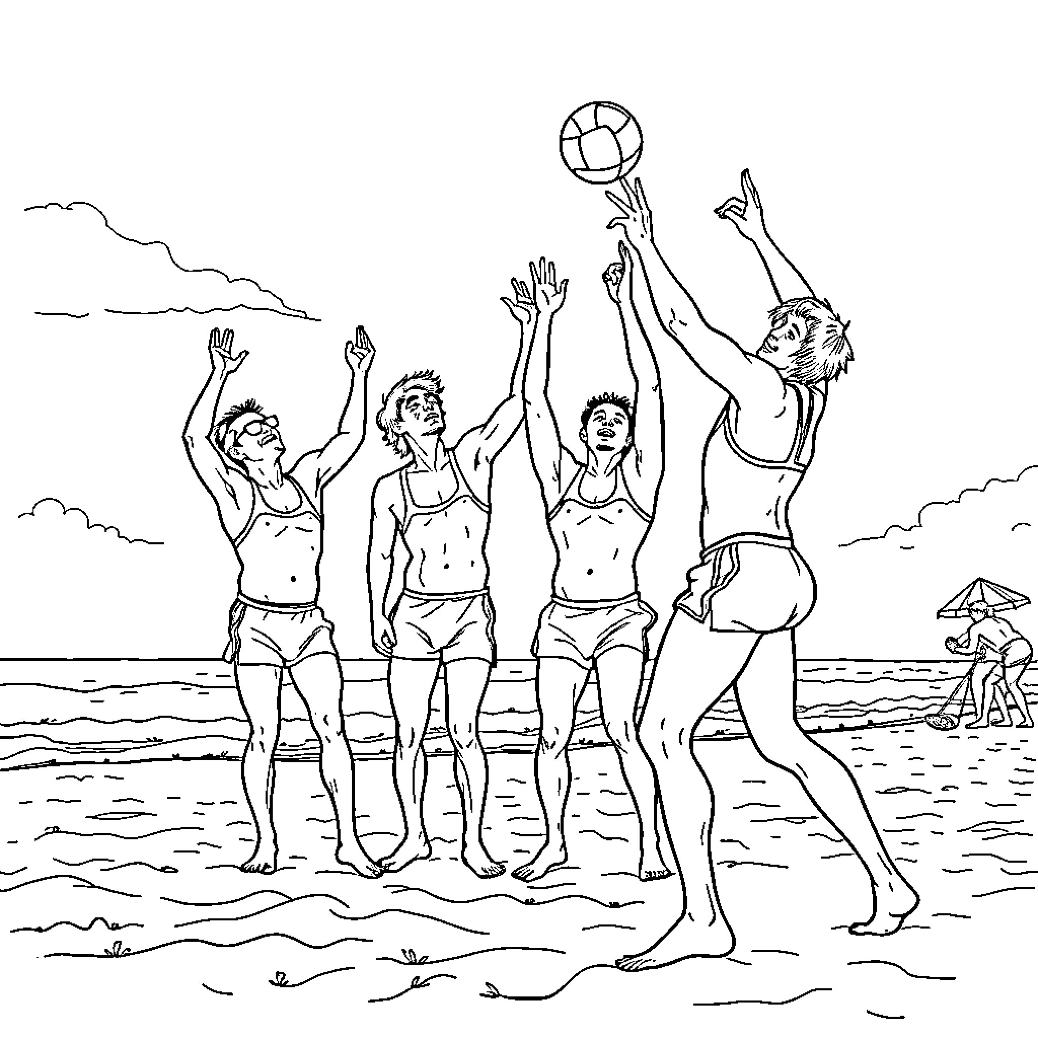 Man playing beach volleyball with friends Coloring Page (free black-and-white line drawing printable PDF for all, from beginners to advanced learners, including children, teens, adults, and seniors)