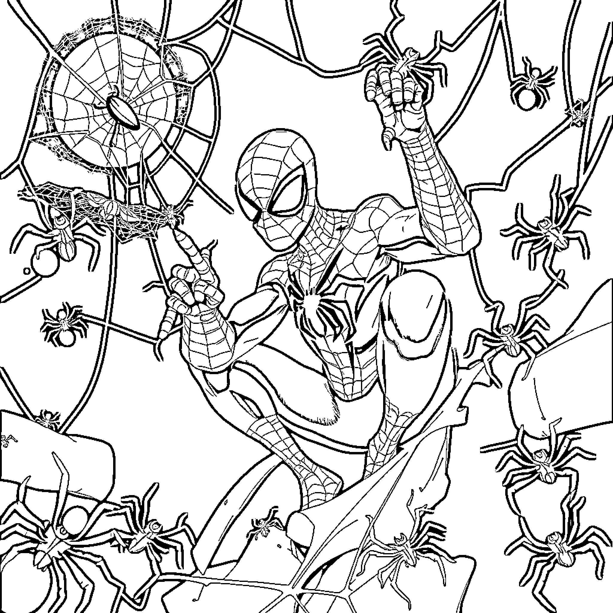 Spider-Man fighting against swarm of spiders Coloring Page (free black-and-white line drawing printable PDF for all, from beginners to advanced learners, including children, teens, adults, and seniors)