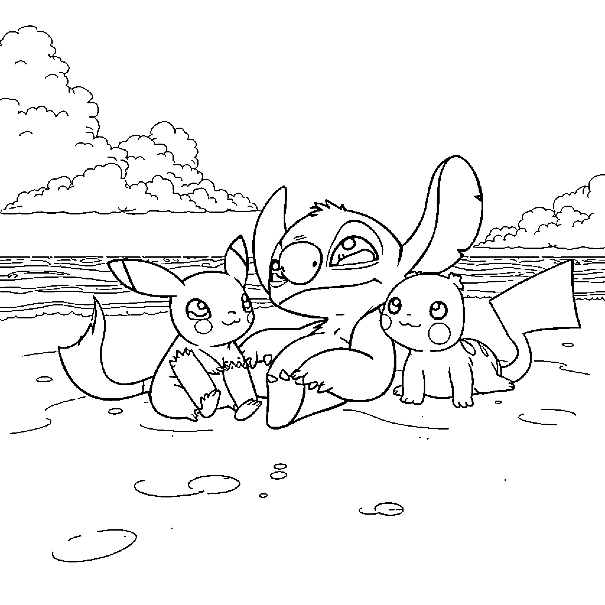 Stitch and friends playing on the beach Coloring Page (free black-and-white line drawing printable PDF for all, from beginners to advanced learners, including children, teens, adults, and seniors)
