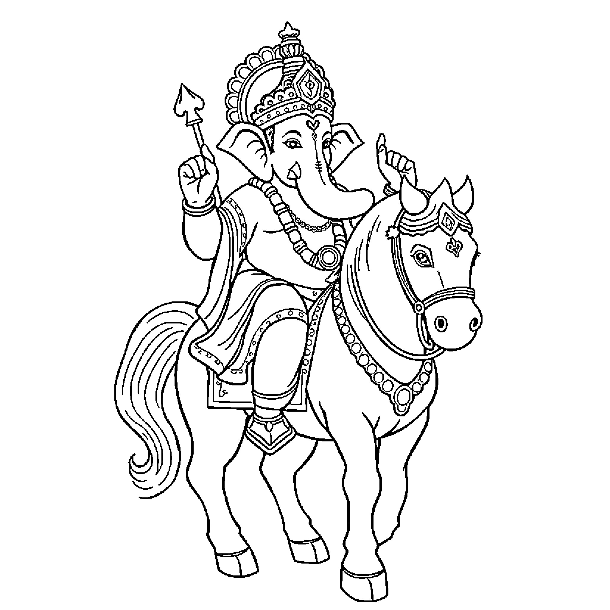 Ganpati riding majestically on a decorated horse Coloring Page (free black-and-white line drawing printable PDF for all, from beginners to advanced learners, including children, teens, adults, and seniors)