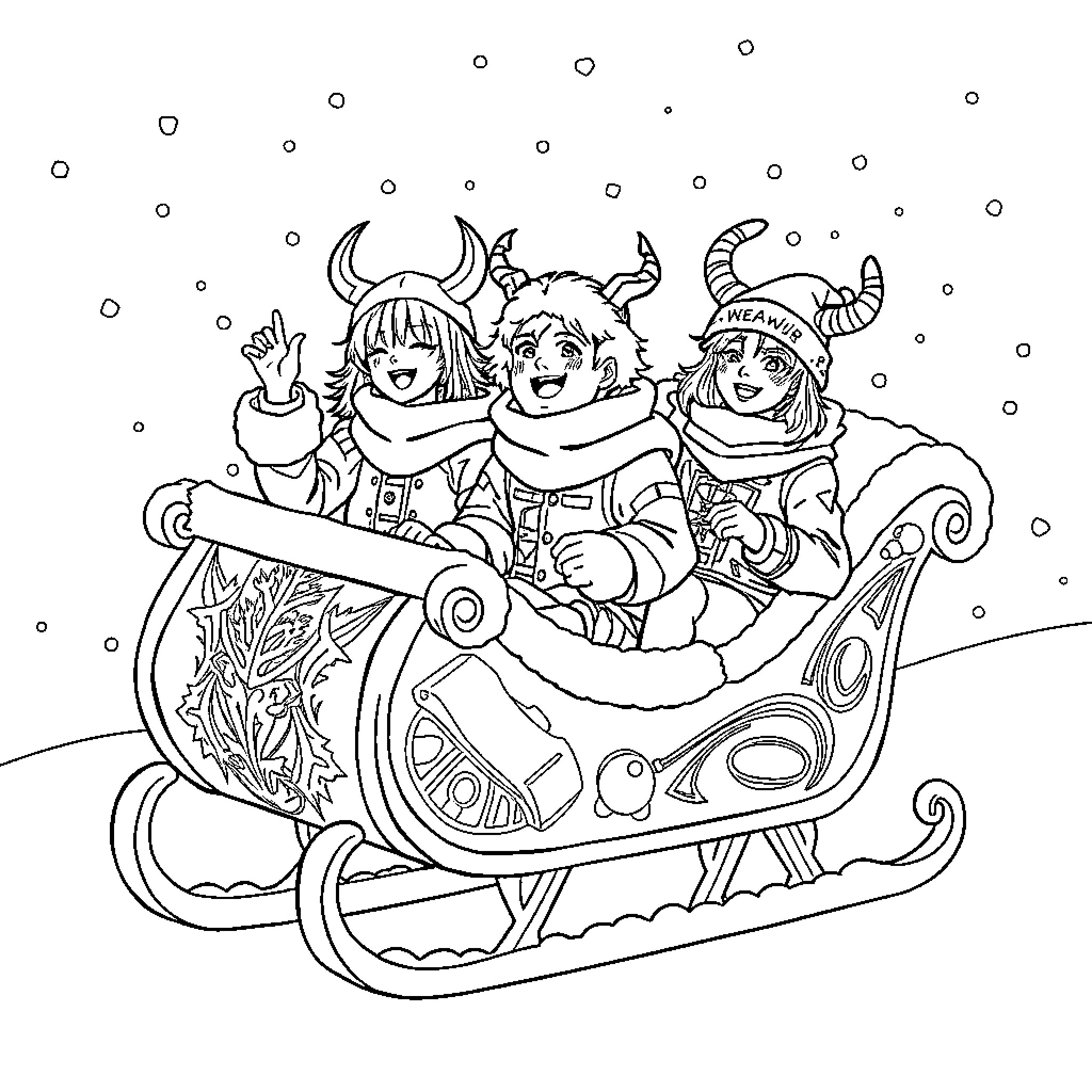 Demon Hunters Riding a Whimsical Sleigh Coloring Page (free black-and-white line drawing printable PDF for all, from beginners to advanced learners, including children, teens, adults, and seniors)