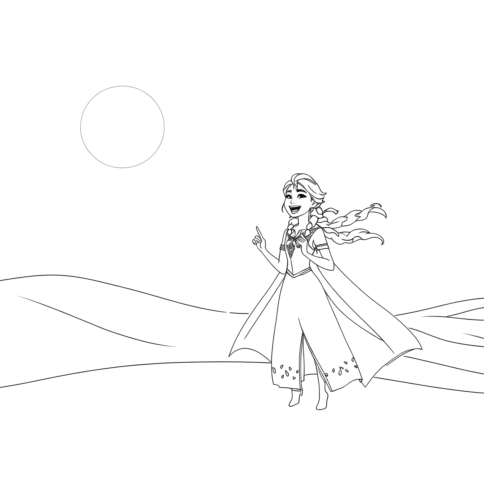 Elsa enjoying a winter wonderland adventure Coloring Page (free black-and-white line drawing printable PDF for all, from beginners to advanced learners, including children, teens, adults, and seniors)