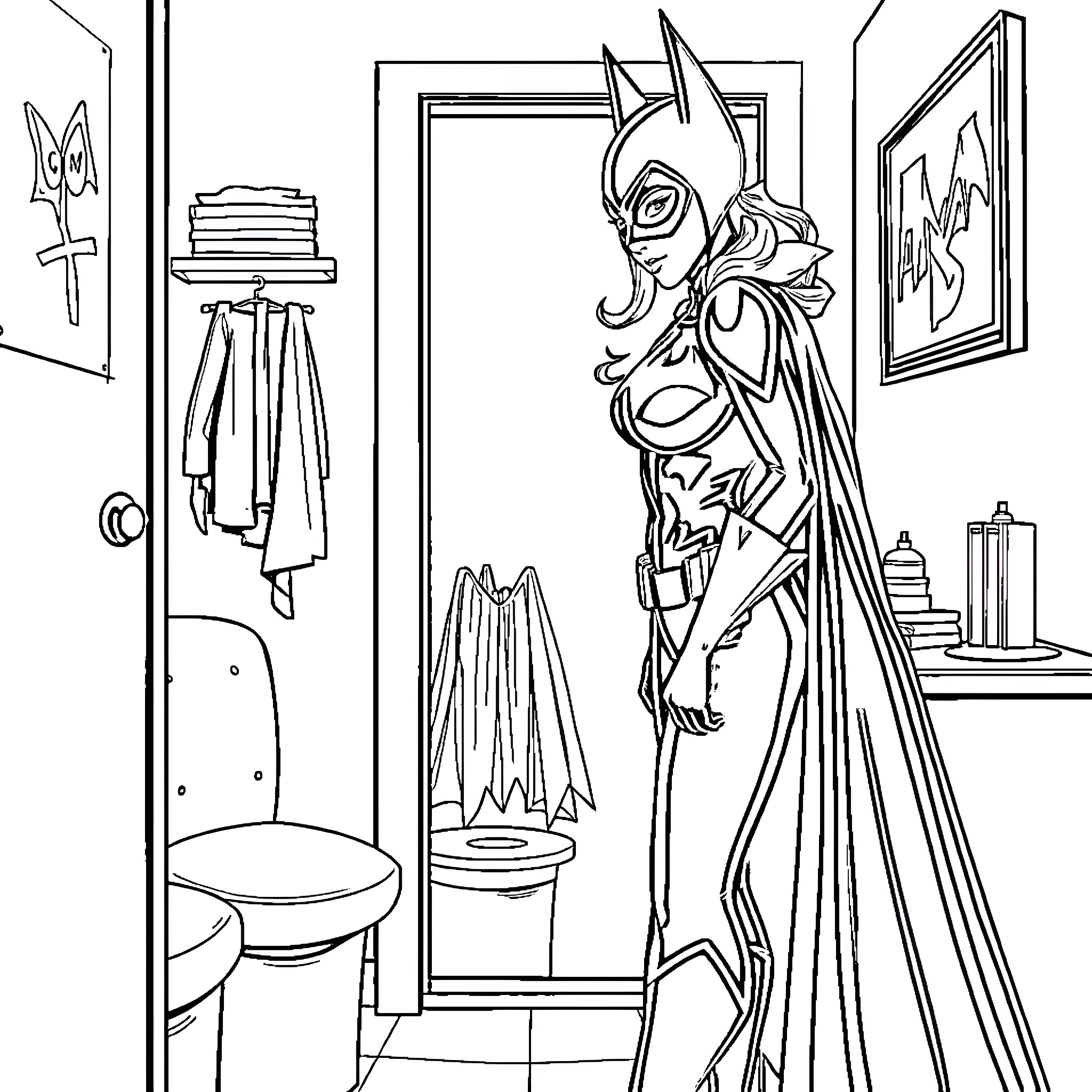 Bat Girl surveying her crime-fighting gear Coloring Page (free black-and-white line drawing printable PDF for all, from beginners to advanced learners, including children, teens, adults, and seniors)