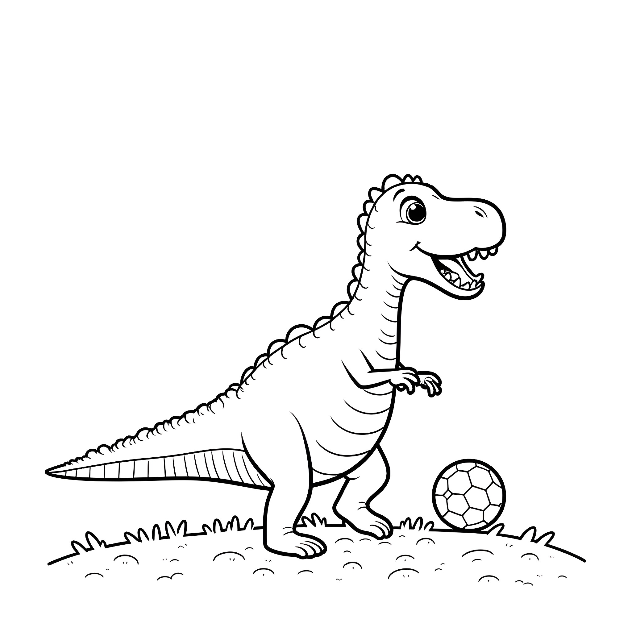 Dinosaur playing with a soccer ball Coloring Page (free black-and-white line drawing printable PDF for all, from beginners to advanced learners, including children, teens, adults, and seniors)