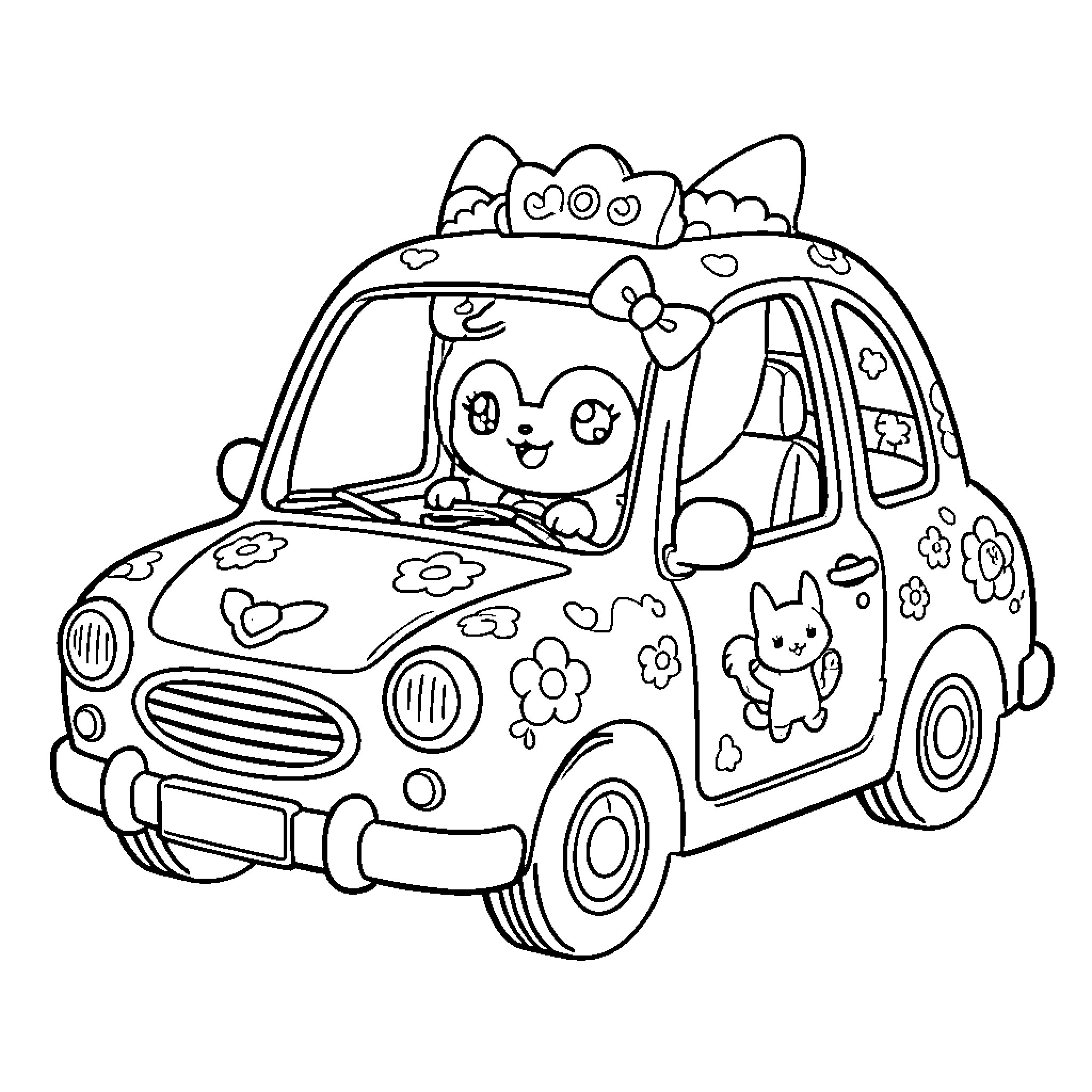 Kuromi's Whimsical Car Adventure Coloring Page (free black-and-white line drawing printable PDF for all, from beginners to advanced learners, including children, teens, adults, and seniors)
