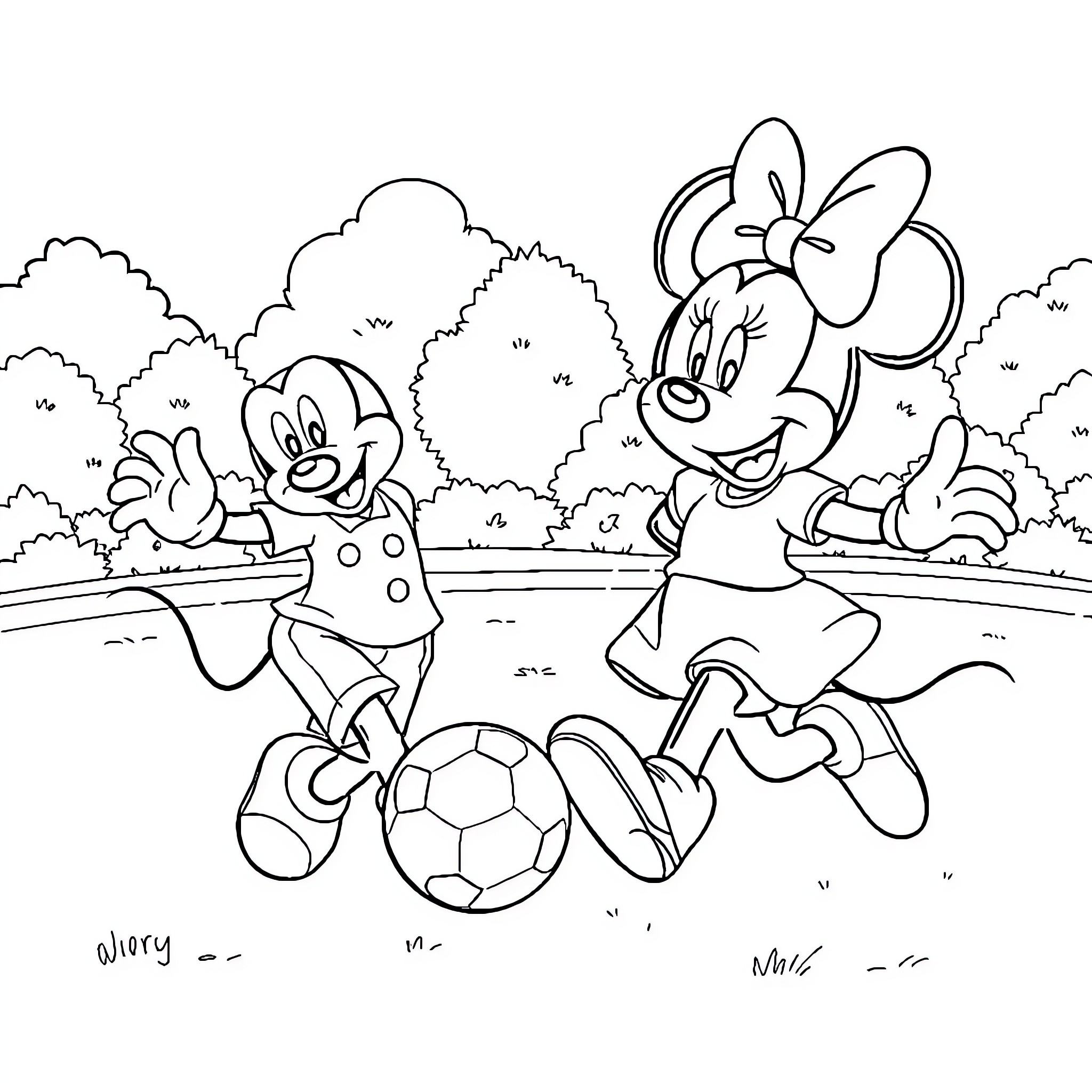 Mickey and Minnie playing soccer in the park Coloring Page (free black-and-white line drawing printable PDF for all, from beginners to advanced learners, including children, teens, adults, and seniors)
