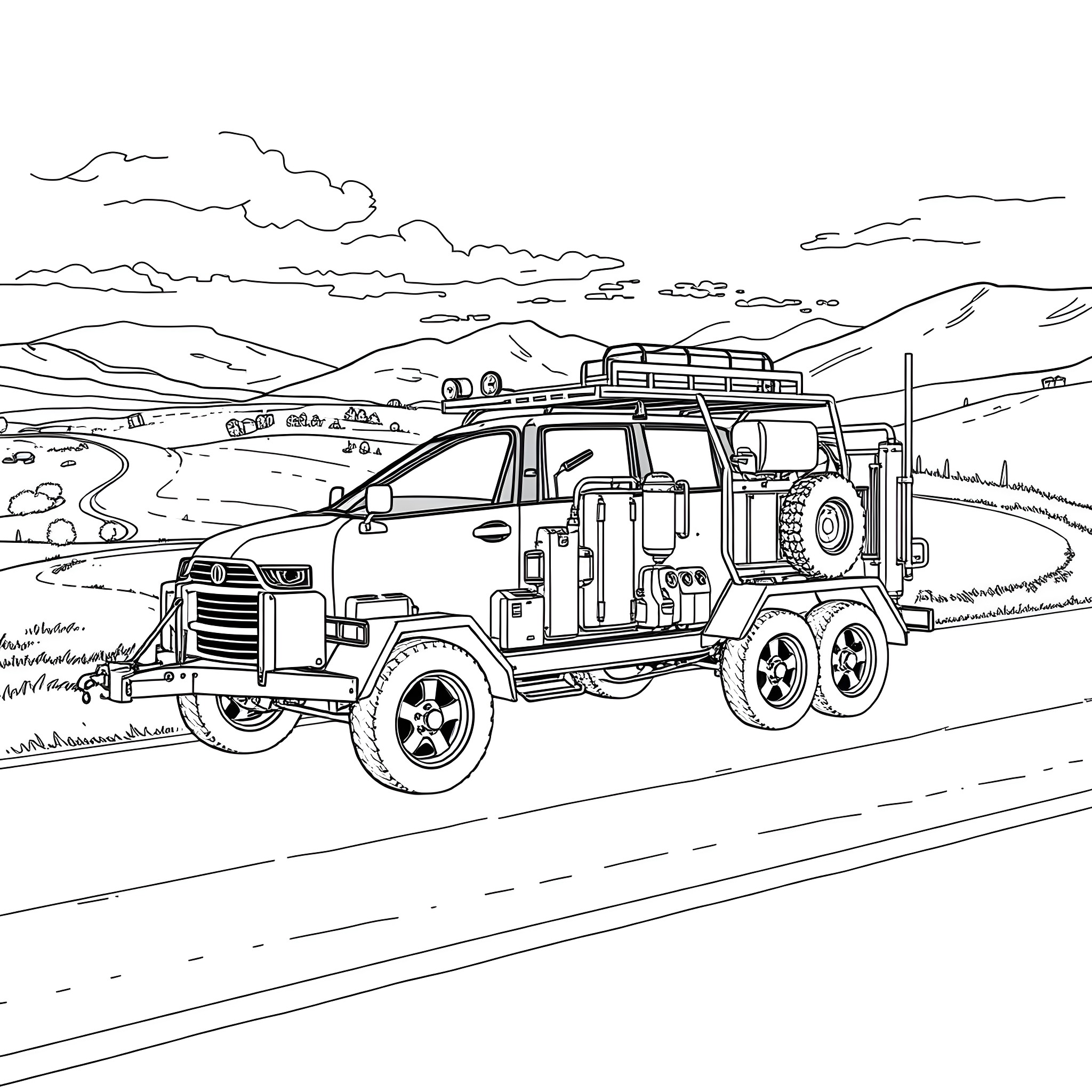Car Trailer Loaded with Gear on the Open Road Coloring Page (free black-and-white line drawing printable PDF for all, from beginners to advanced learners, including children, teens, adults, and seniors)