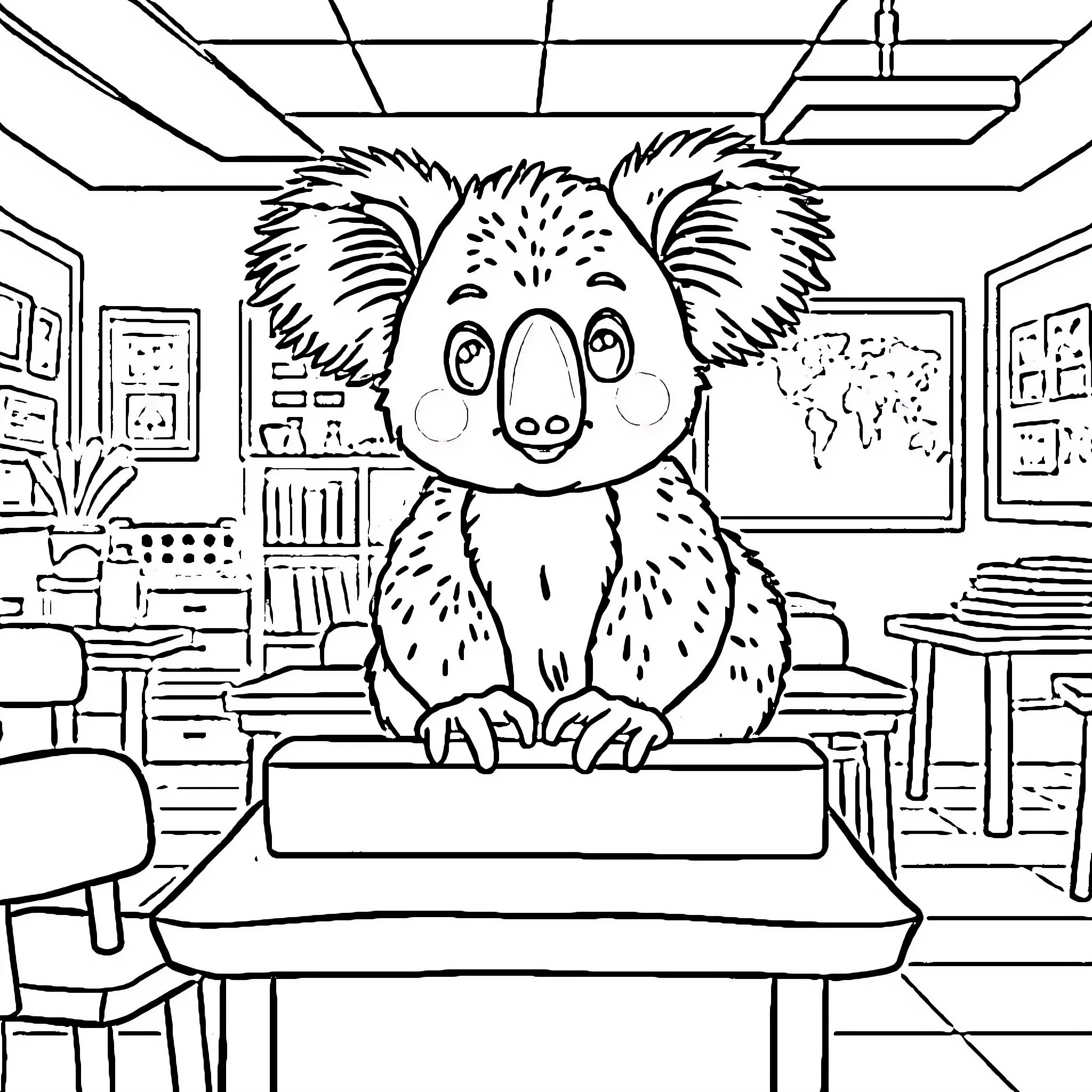 Koala studying diligently in the classroom Coloring Page (free black-and-white line drawing printable PDF for all, from beginners to advanced learners, including children, teens, adults, and seniors)