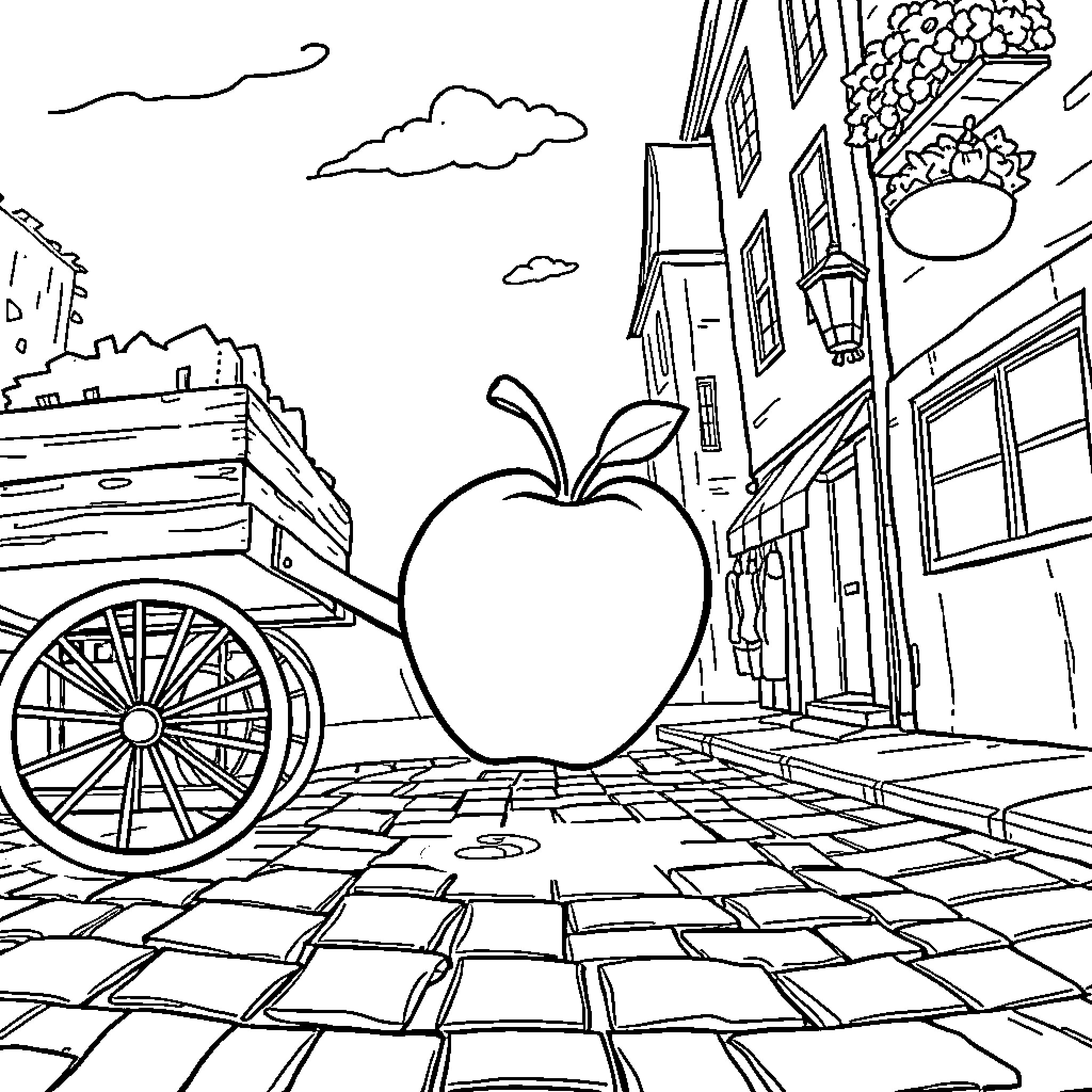 Apple in the Center of a Bustling Street Scene Coloring Page (free black-and-white line drawing printable PDF for all, from beginners to advanced learners, including children, teens, adults, and seniors)