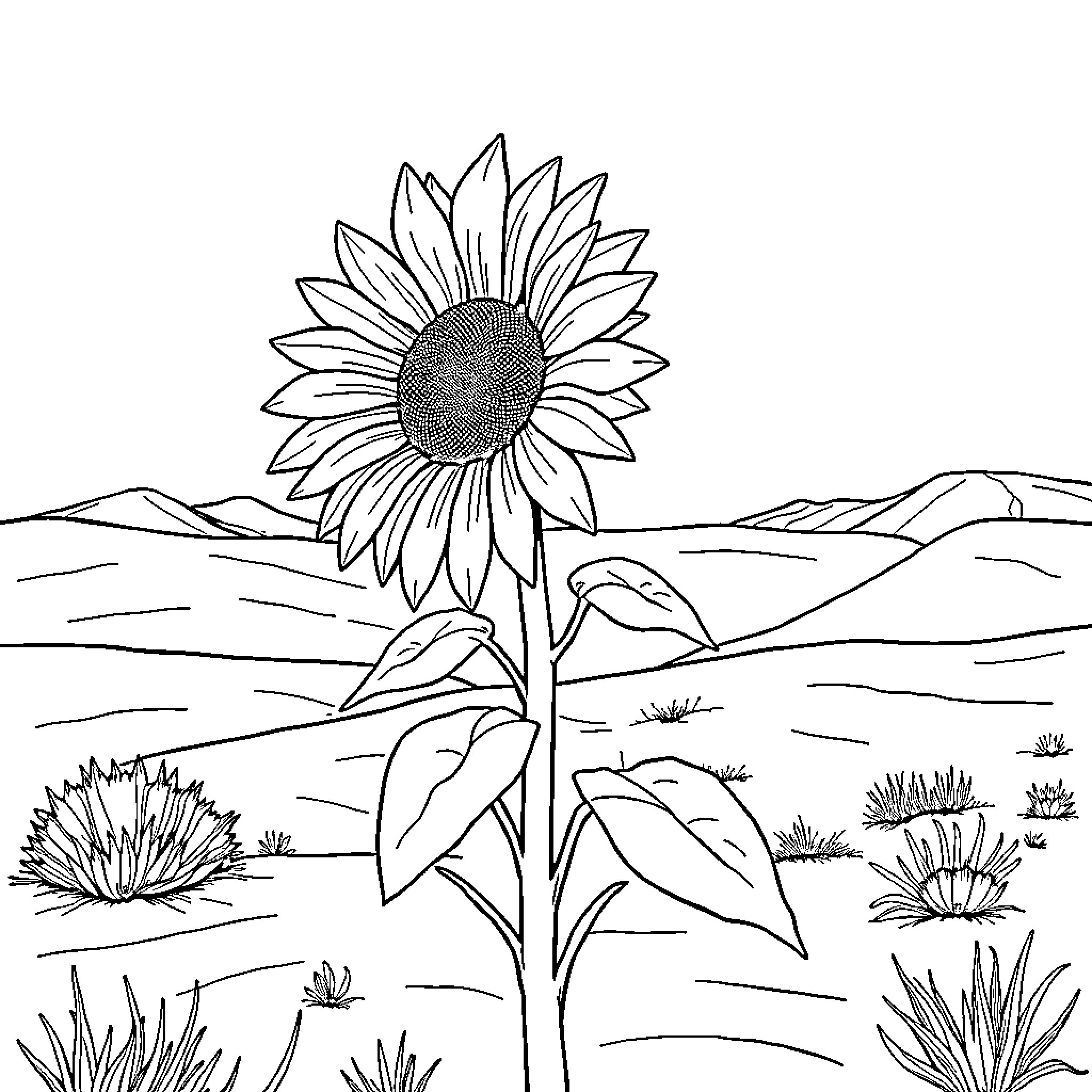 Sunflower blooming amidst the wilderness Coloring Page (free black-and-white line drawing printable PDF for all, from beginners to advanced learners, including children, teens, adults, and seniors)