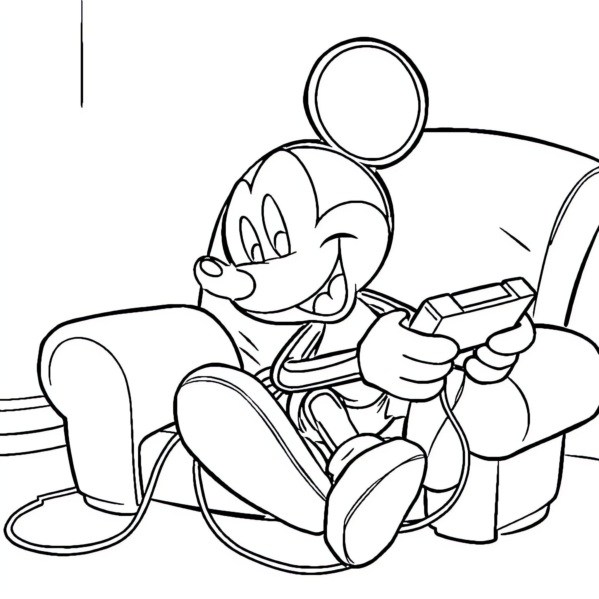 Mickey playing video games happily on the couch Coloring Page (free black-and-white line drawing printable PDF for all, from beginners to advanced learners, including children, teens, adults, and seniors)
