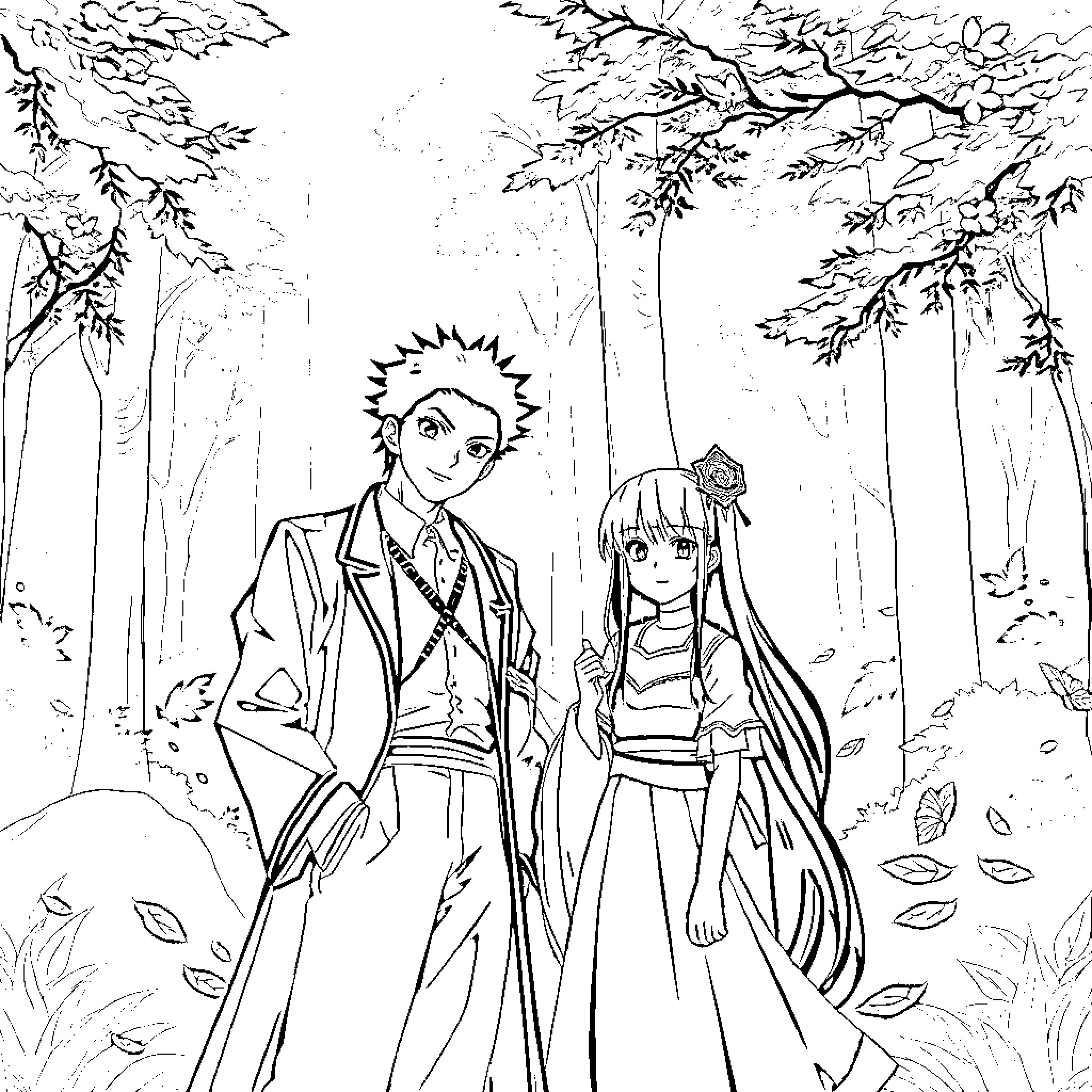 Tanjiro and Nezuko in the Forested Realm Coloring Page (free black-and-white line drawing printable PDF for all, from beginners to advanced learners, including children, teens, adults, and seniors)