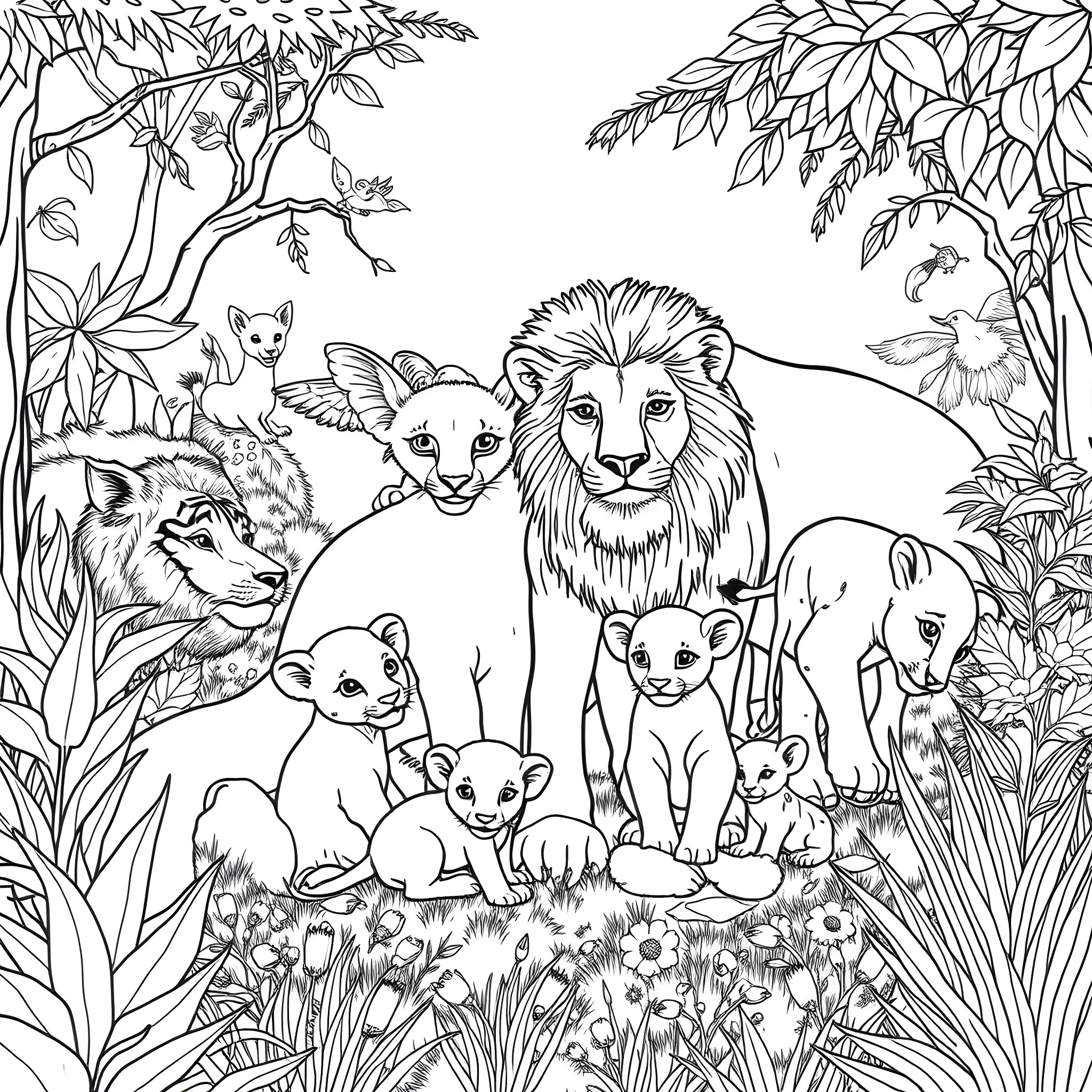 Animal family in the jungle Coloring Page (free black-and-white line drawing printable PDF for all, from beginners to advanced learners, including children, teens, adults, and seniors)