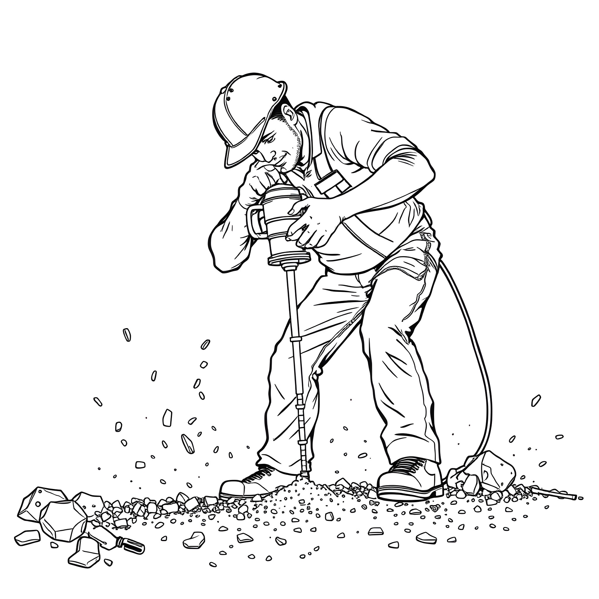 Worker drilling through rocks and rubble Coloring Page (free black-and-white line drawing printable PDF for all, from beginners to advanced learners, including children, teens, adults, and seniors)