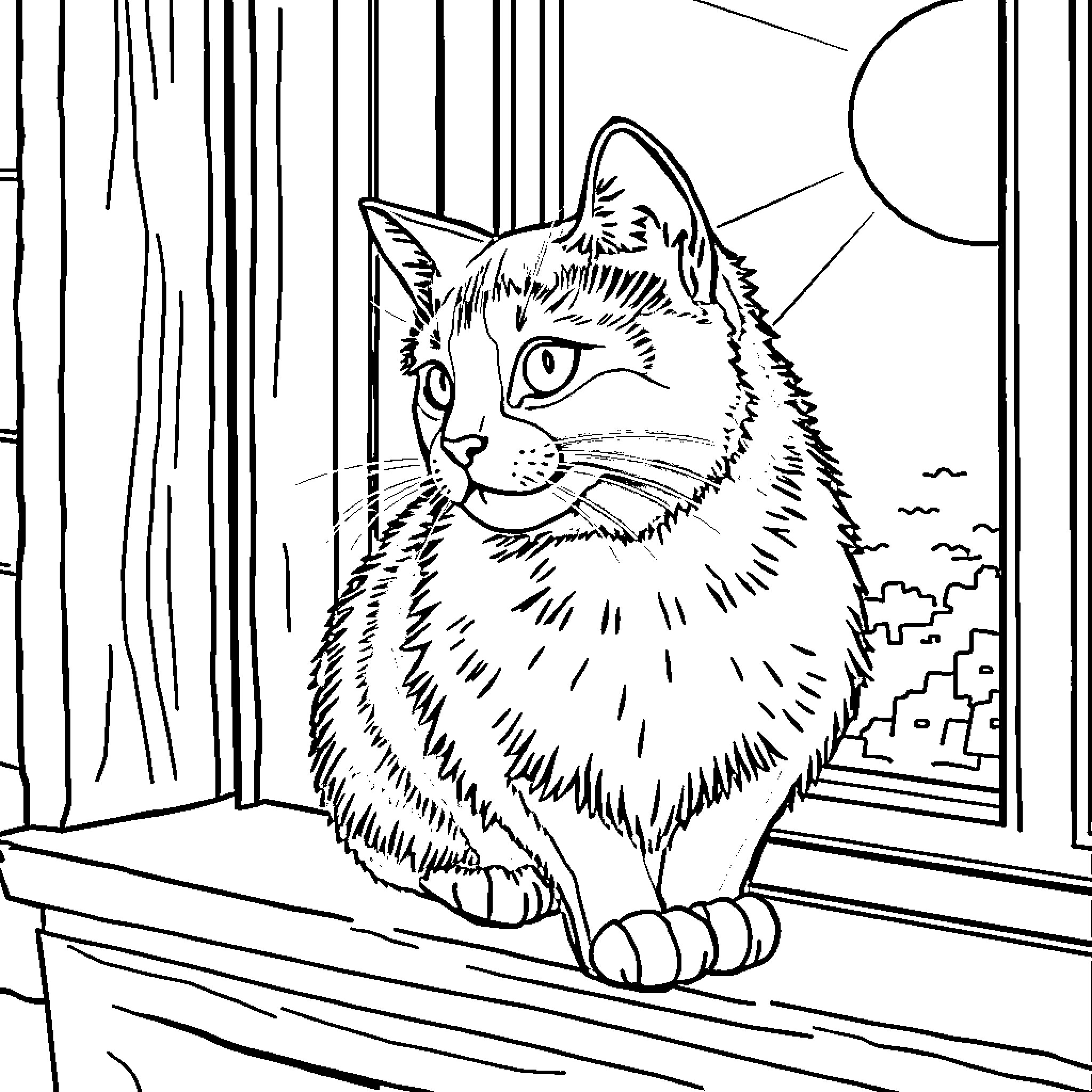 Cat gazing through window at scenic view Coloring Page (free black-and-white line drawing printable PDF for all, from beginners to advanced learners, including children, teens, adults, and seniors)