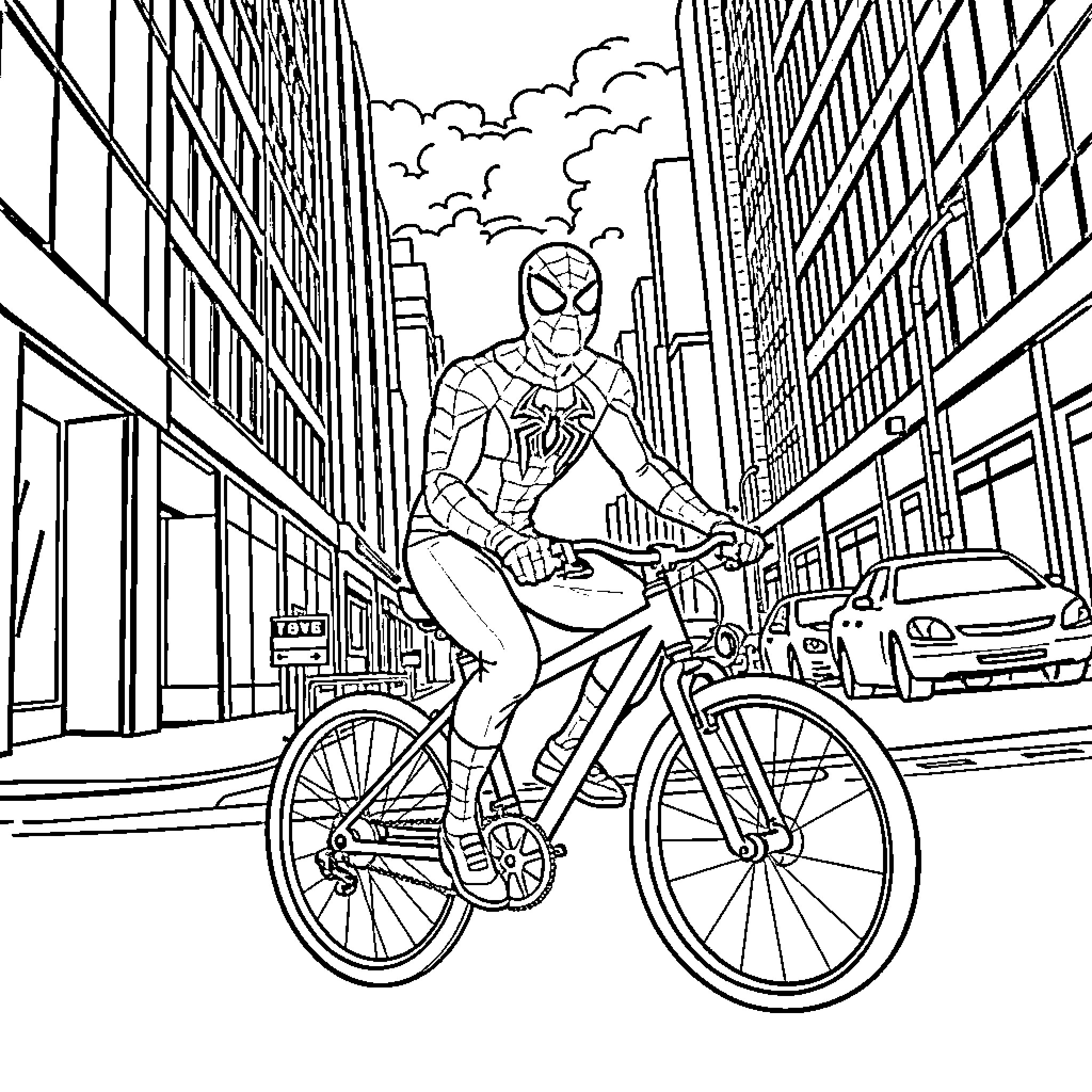 Spiderman swinging through the city on a bicycle Coloring Page (free black-and-white line drawing printable PDF for all, from beginners to advanced learners, including children, teens, adults, and seniors)