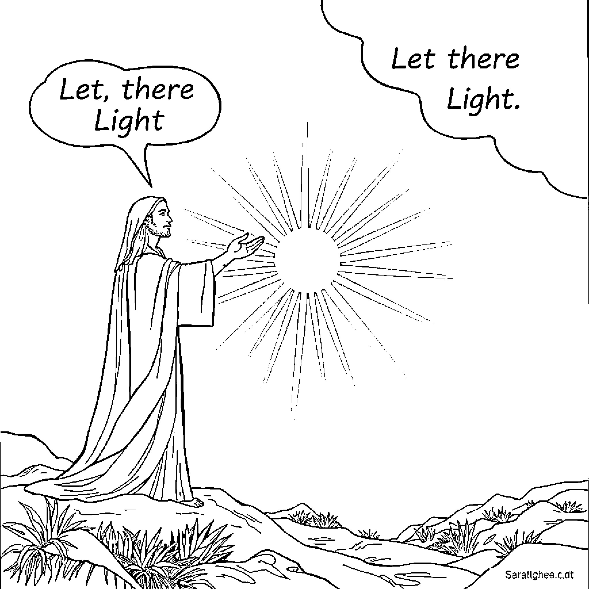 God Commands Light to Shine in the Wilderness Coloring Page (free black-and-white line drawing printable PDF for all, from beginners to advanced learners, including children, teens, adults, and seniors)