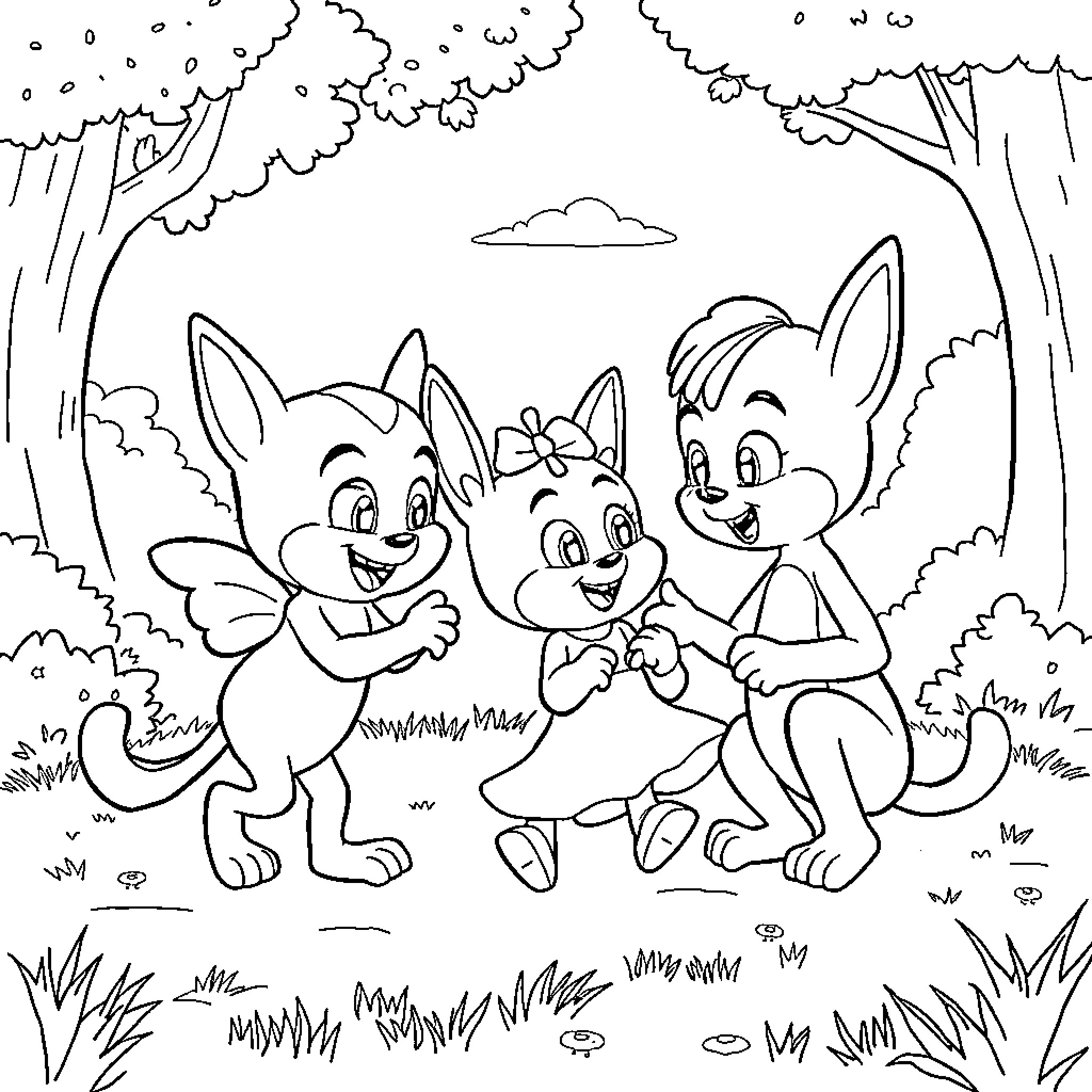 Bluey and friends playing happily in the forest Coloring Page (free black-and-white line drawing printable PDF for all, from beginners to advanced learners, including children, teens, adults, and seniors)