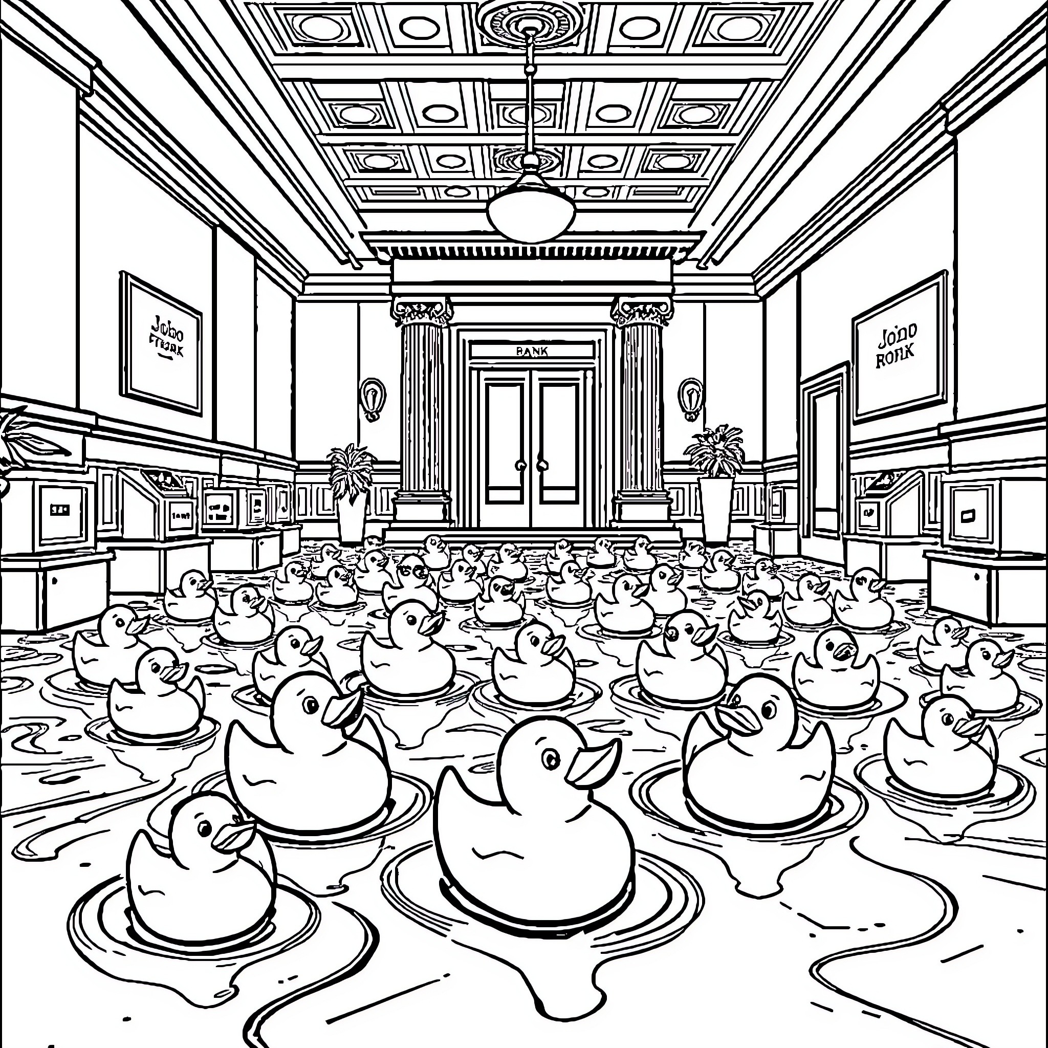 Rubber Duck Conference in Regal Auditorium Coloring Page (free black-and-white line drawing printable PDF for all, from beginners to advanced learners, including children, teens, adults, and seniors)