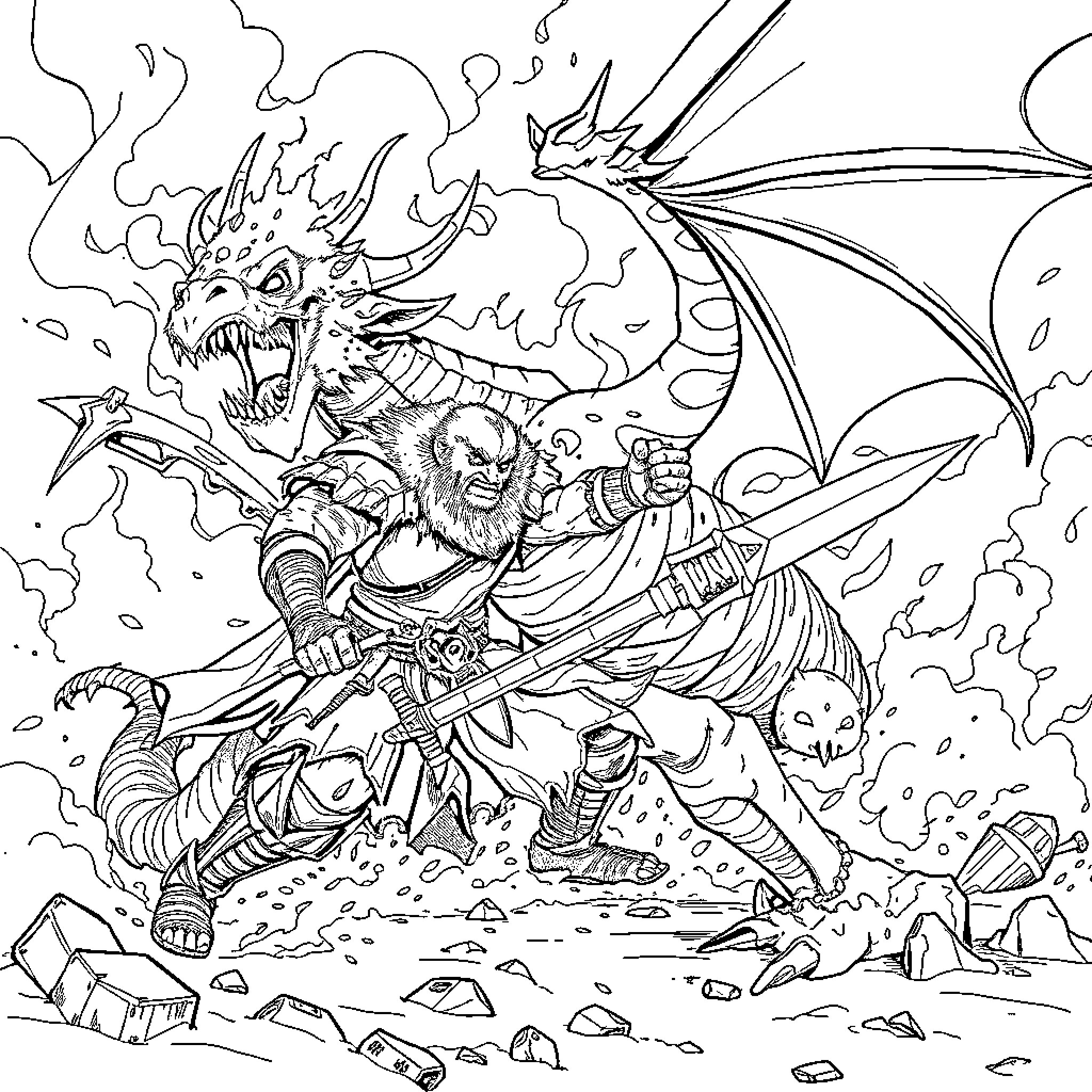 Thrall battling a monstrous dragon in a chaotic scene Coloring Page (free black-and-white line drawing printable PDF for all, from beginners to advanced learners, including children, teens, adults, and seniors)