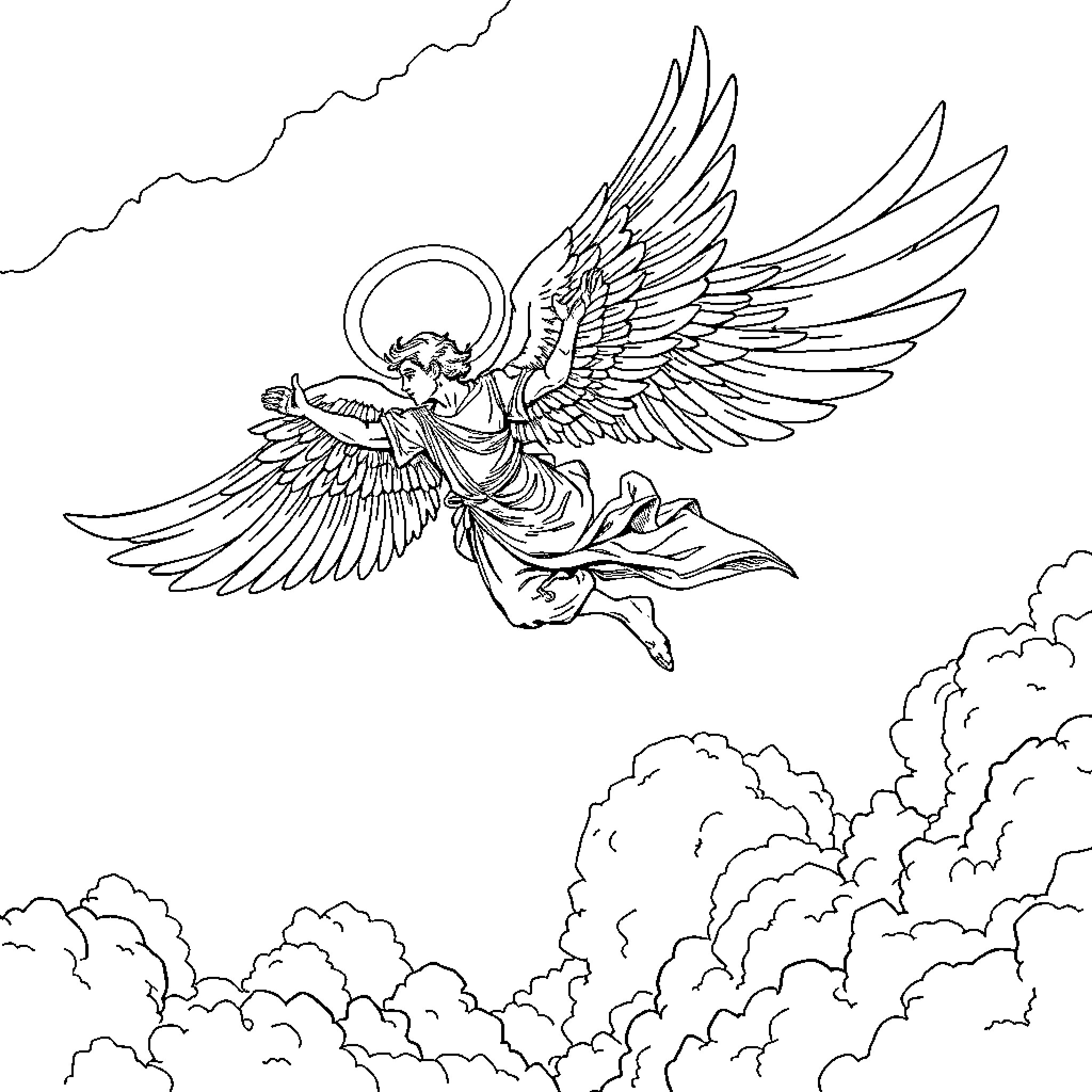Archangel soaring through the heavenly clouds Coloring Page (free black-and-white line drawing printable PDF for all, from beginners to advanced learners, including children, teens, adults, and seniors)