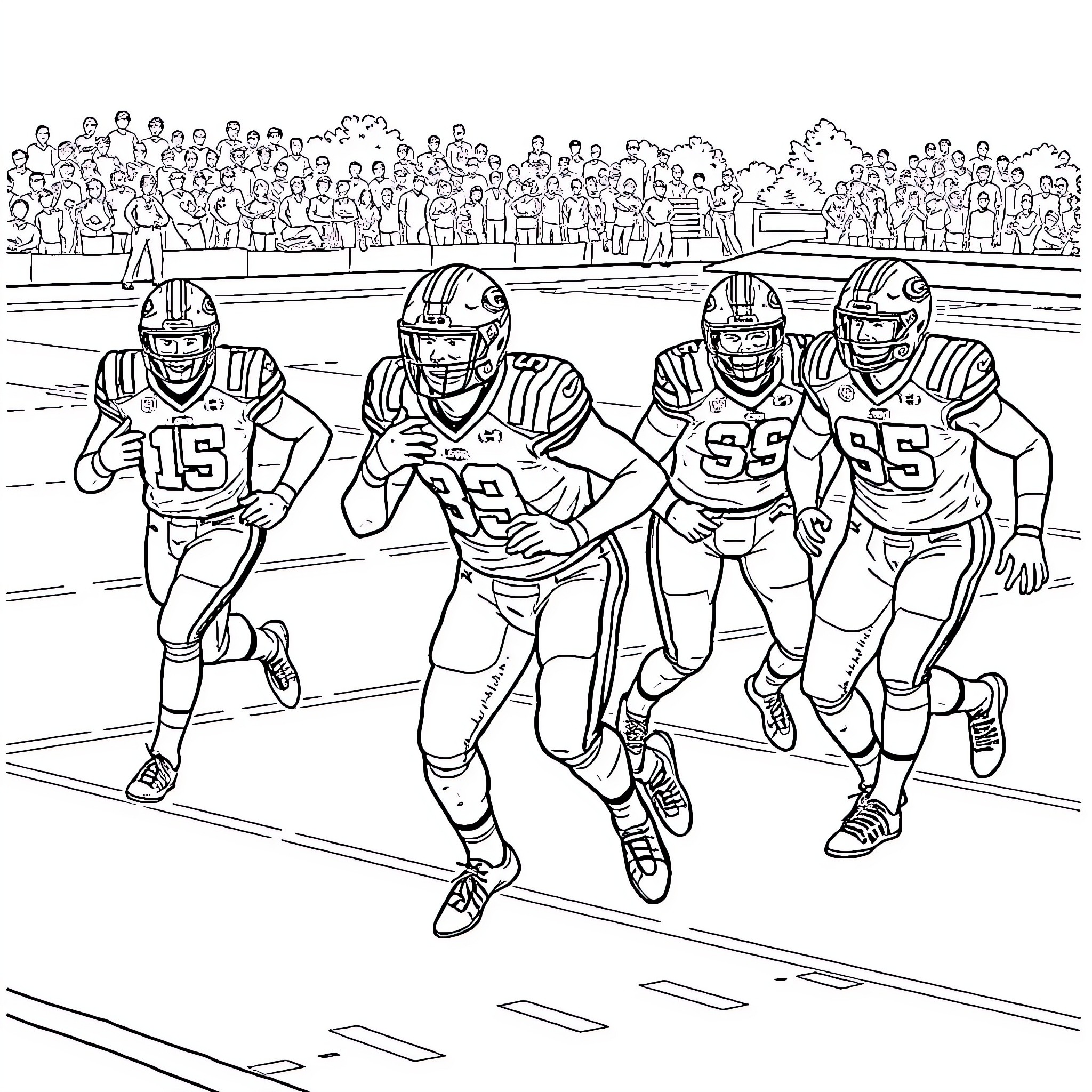 Football players in action on the field Coloring Page (free black-and-white line drawing printable PDF for all, from beginners to advanced learners, including children, teens, adults, and seniors)