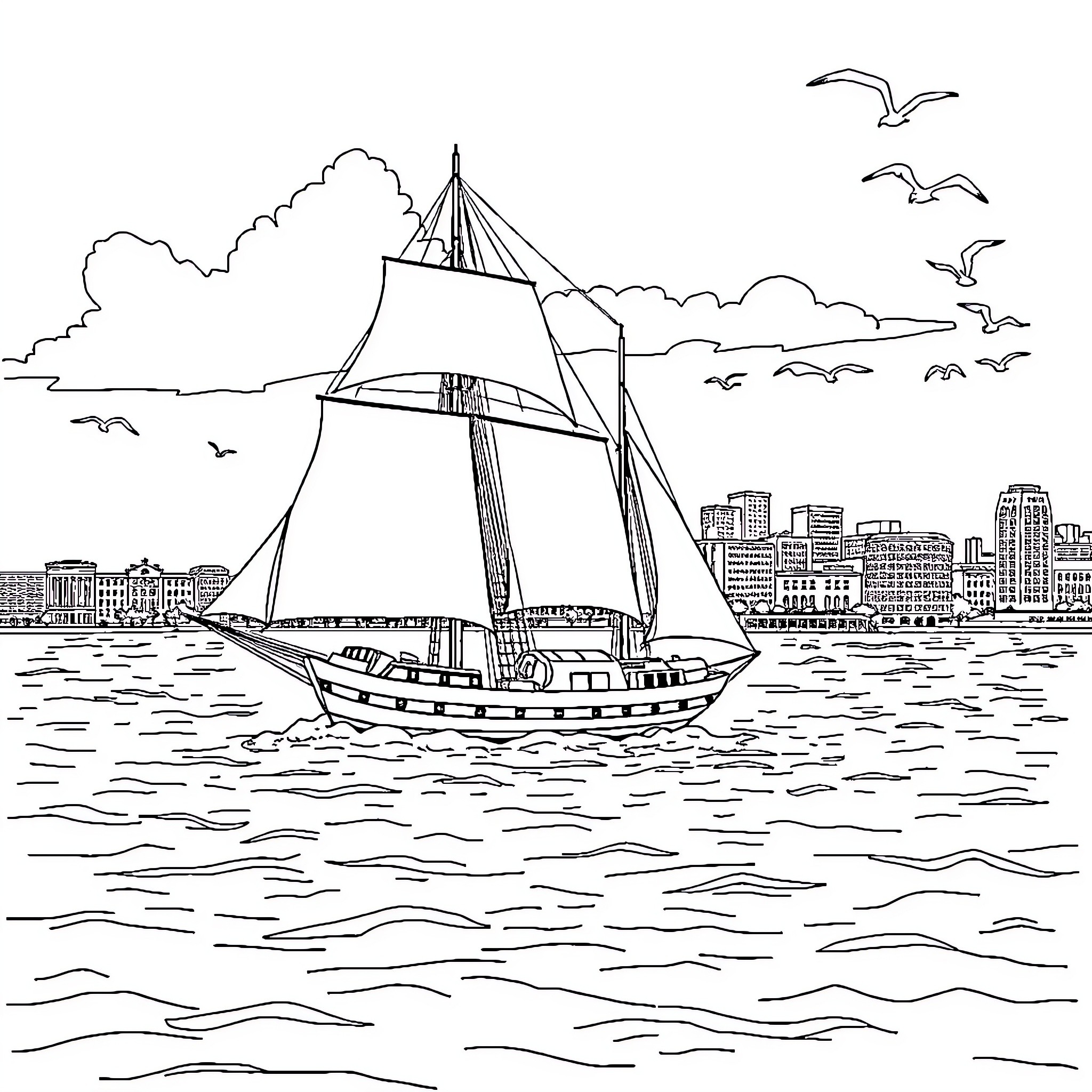 Clipper Ship Sailing on the Open Sea Coloring Page (free black-and-white line drawing printable PDF for all, from beginners to advanced learners, including children, teens, adults, and seniors)