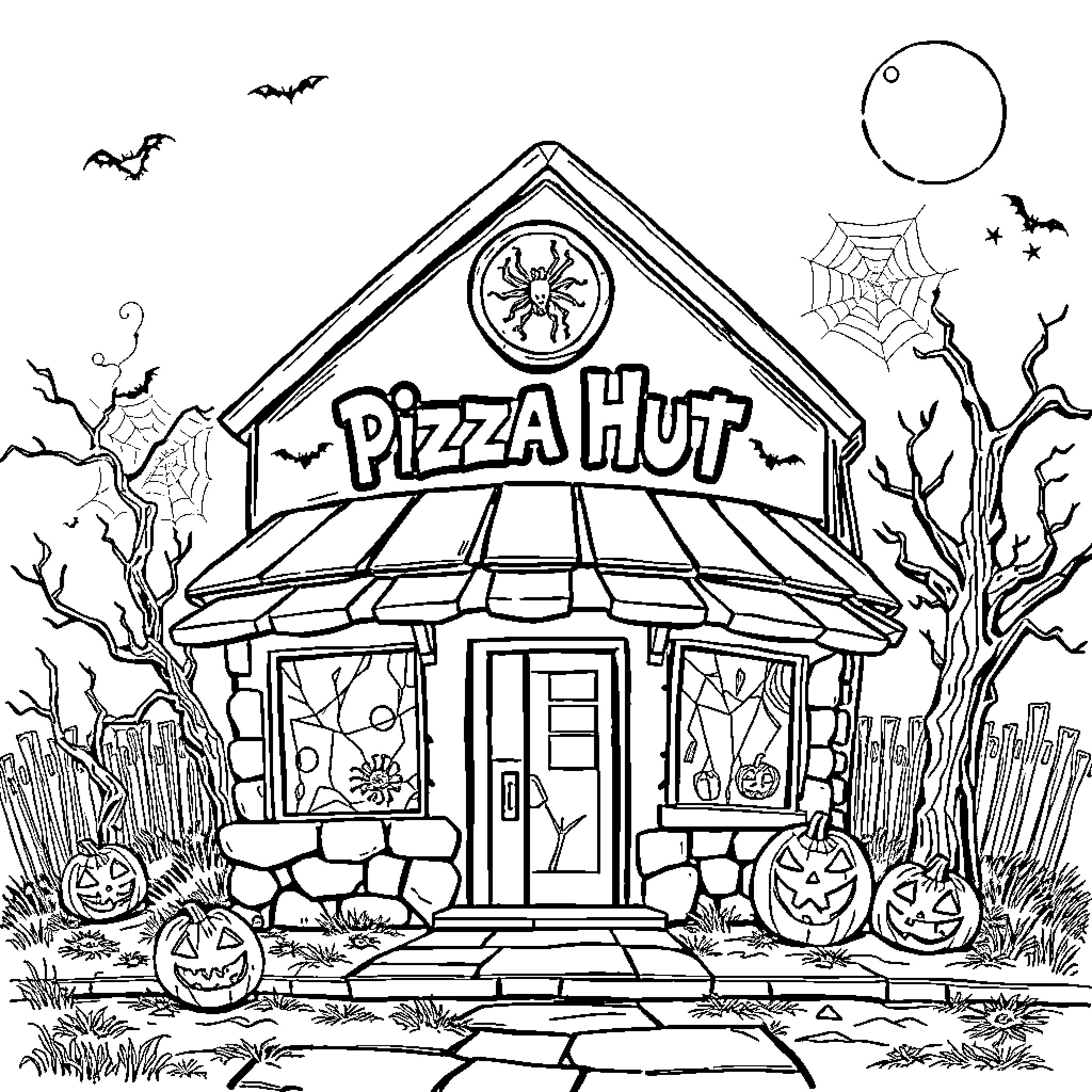 Pizza Hut haunted house with Halloween decorations Coloring Page (free black-and-white line drawing printable PDF for all, from beginners to advanced learners, including children, teens, adults, and seniors)