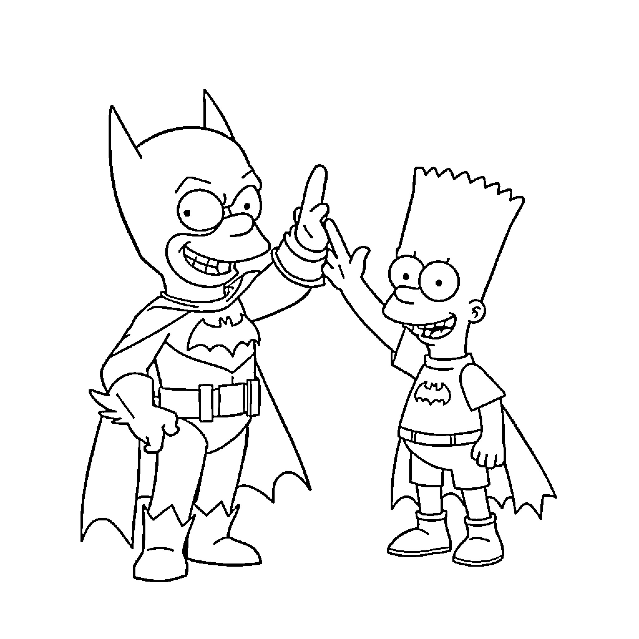 Bart and Batman sharing a fun moment Coloring Page (free black-and-white line drawing printable PDF for all, from beginners to advanced learners, including children, teens, adults, and seniors)