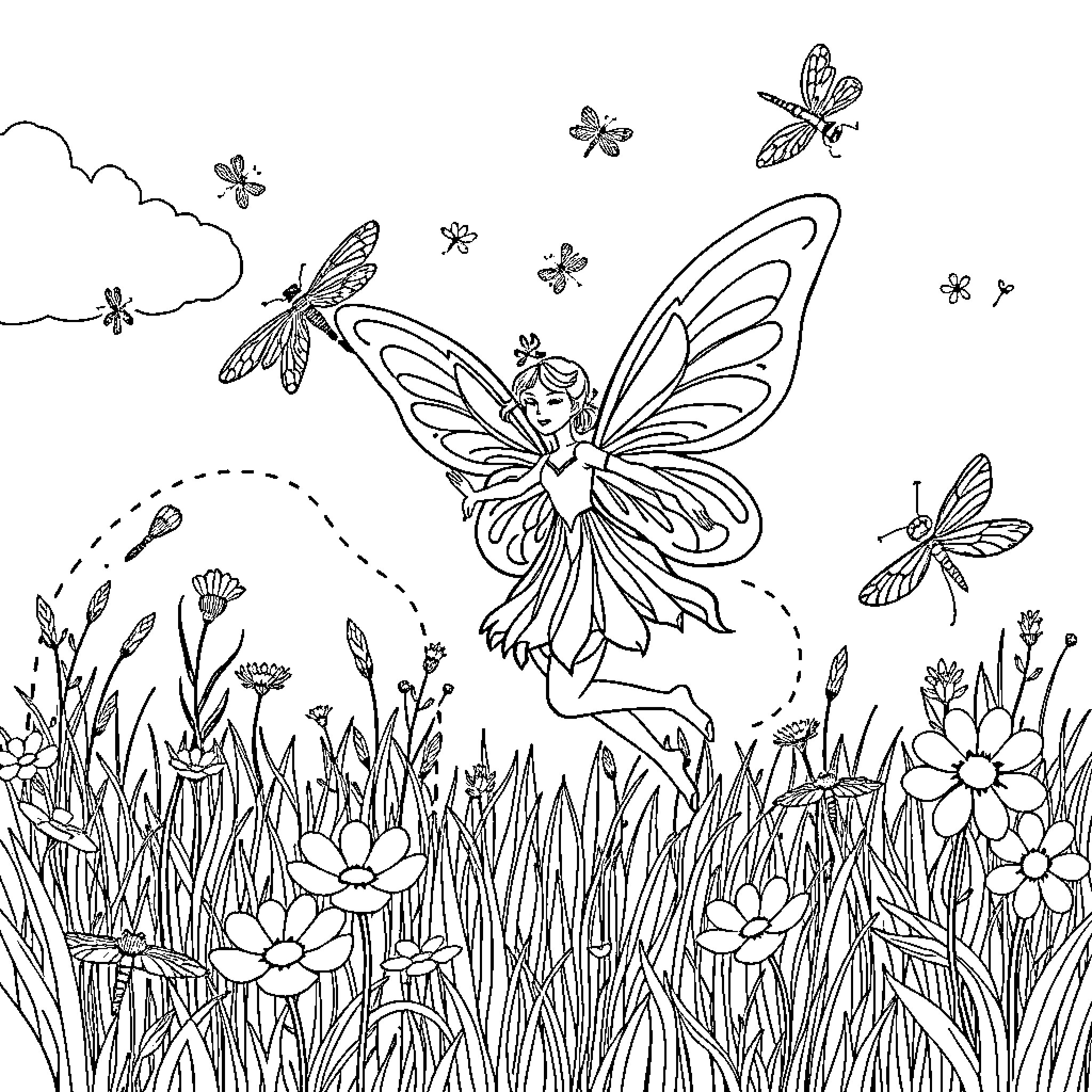 Dragonfly fairy dancing among flowers and butterflies Coloring Page (free black-and-white line drawing printable PDF for all, from beginners to advanced learners, including children, teens, adults, and seniors)