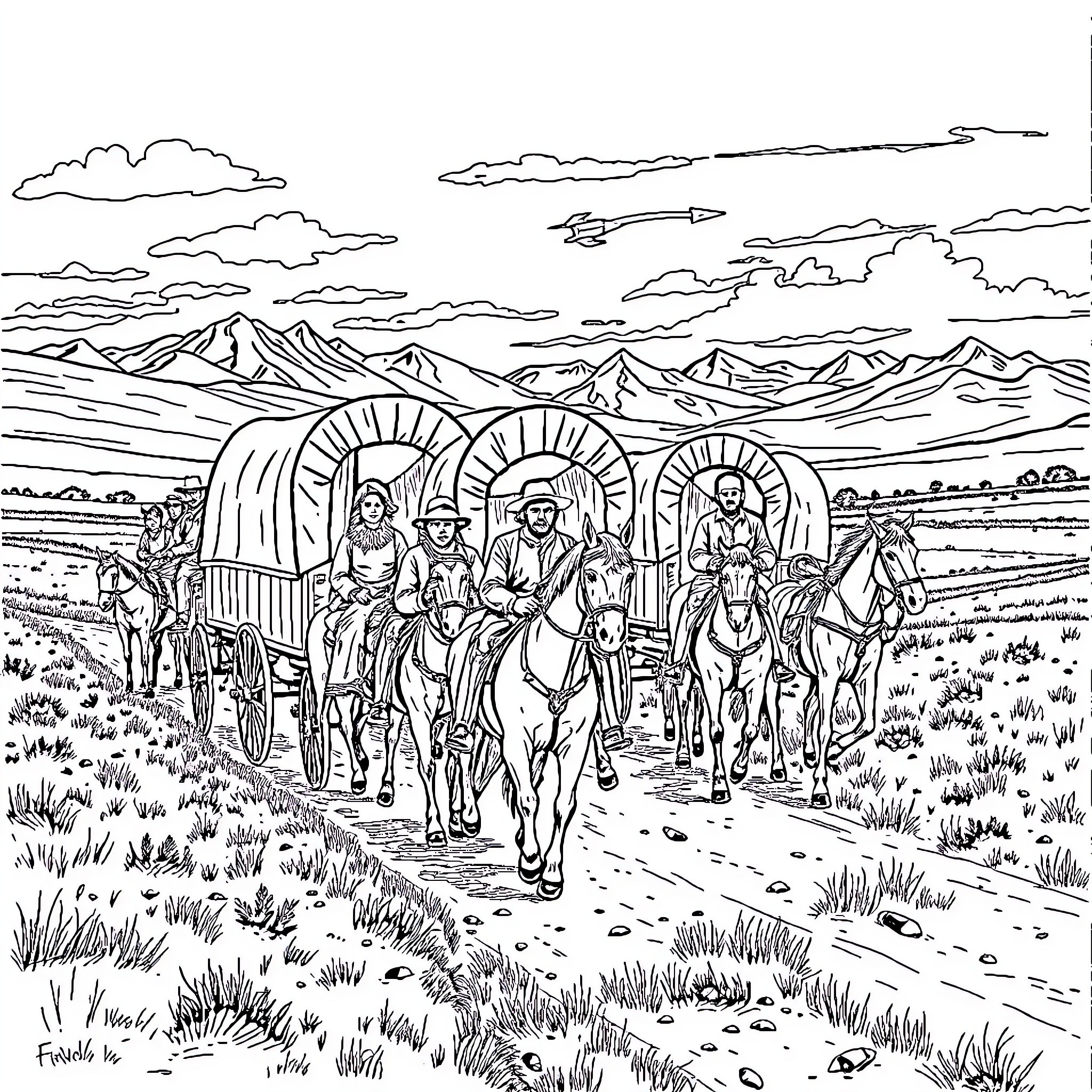 Pioneer Travellers Journeying Through Rugged Landscape Coloring Page (free black-and-white line drawing printable PDF for all, from beginners to advanced learners, including children, teens, adults, and seniors)