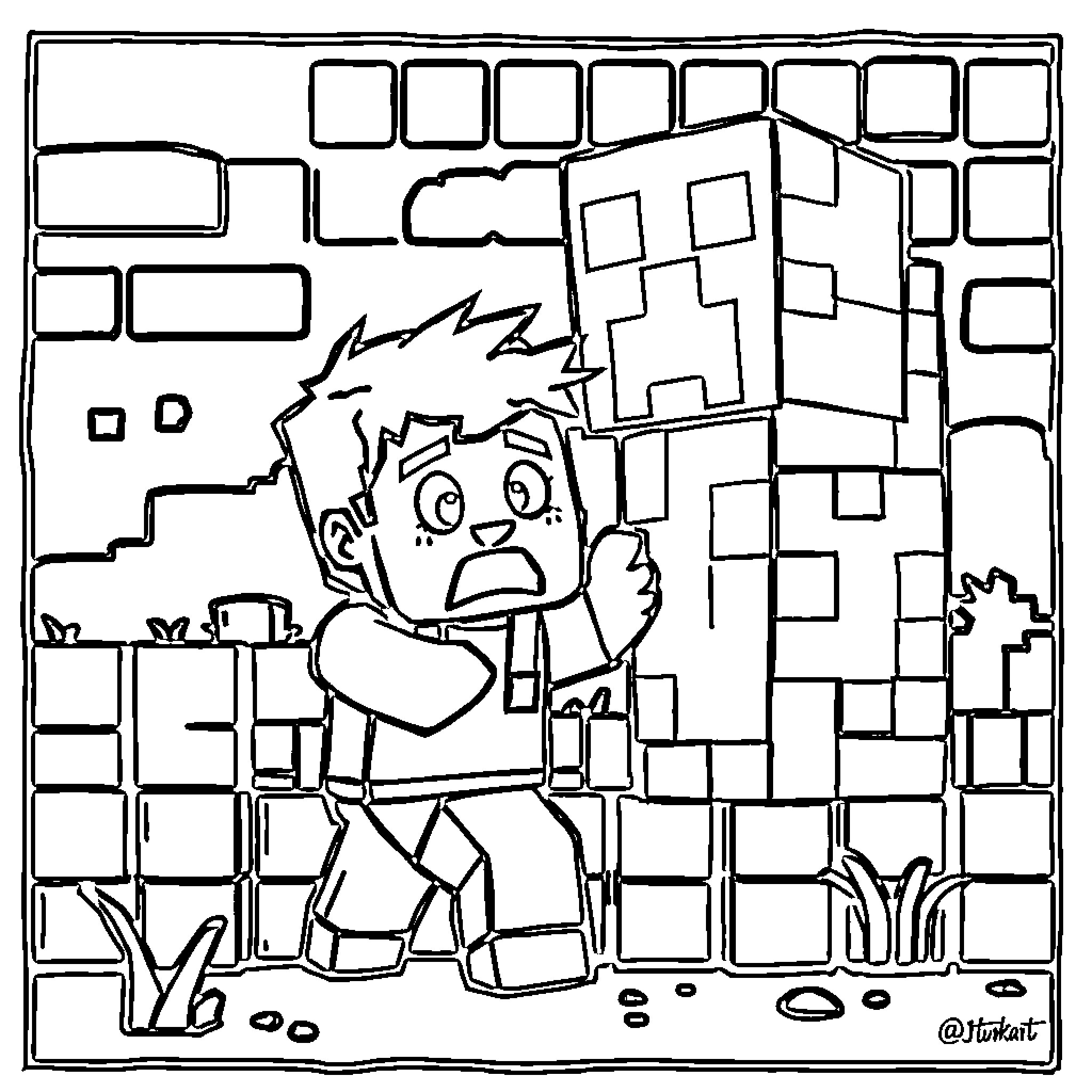 Steve's Minecraft Adventure in the Village Coloring Page (free black-and-white line drawing printable PDF for all, from beginners to advanced learners, including children, teens, adults, and seniors)