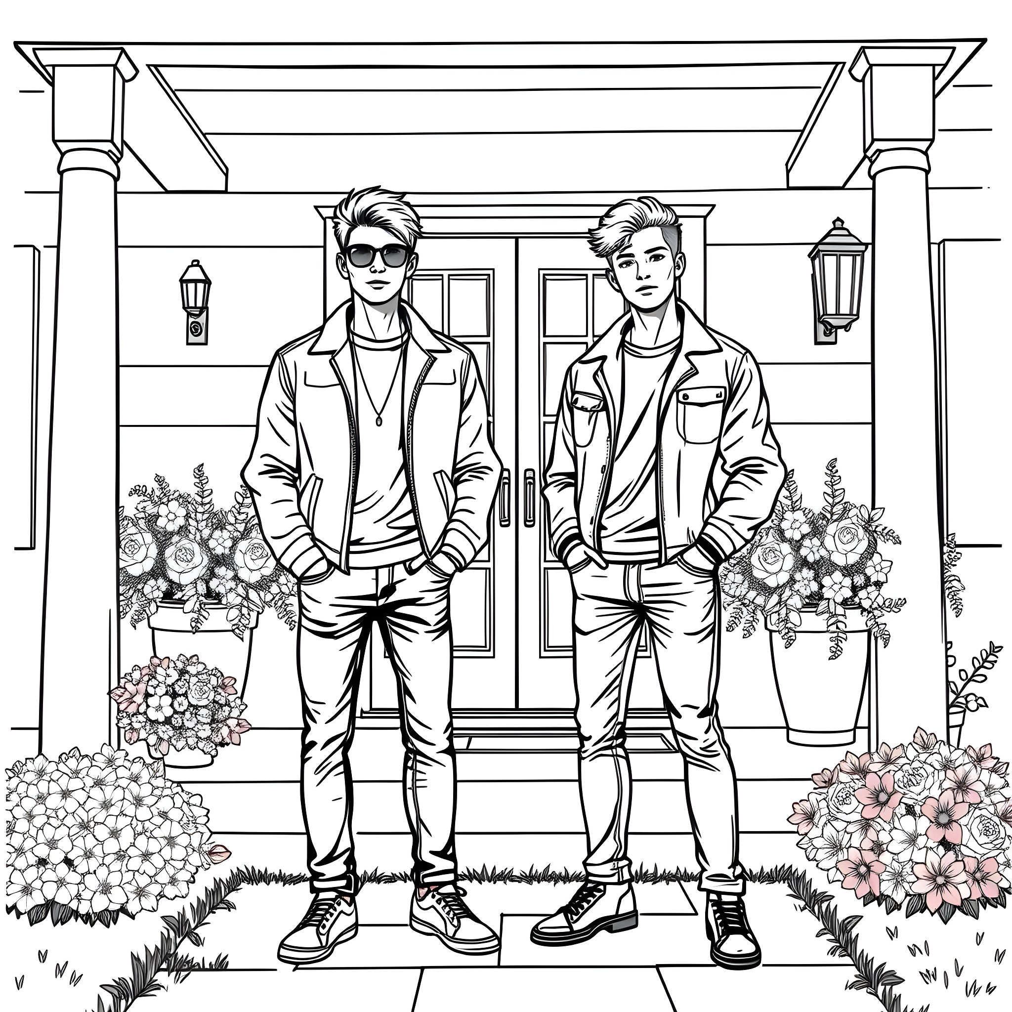 Teen Guys posing confidently in front of flower-filled porch Coloring Page (free black-and-white line drawing printable PDF for all, from beginners to advanced learners, including children, teens, adults, and seniors)