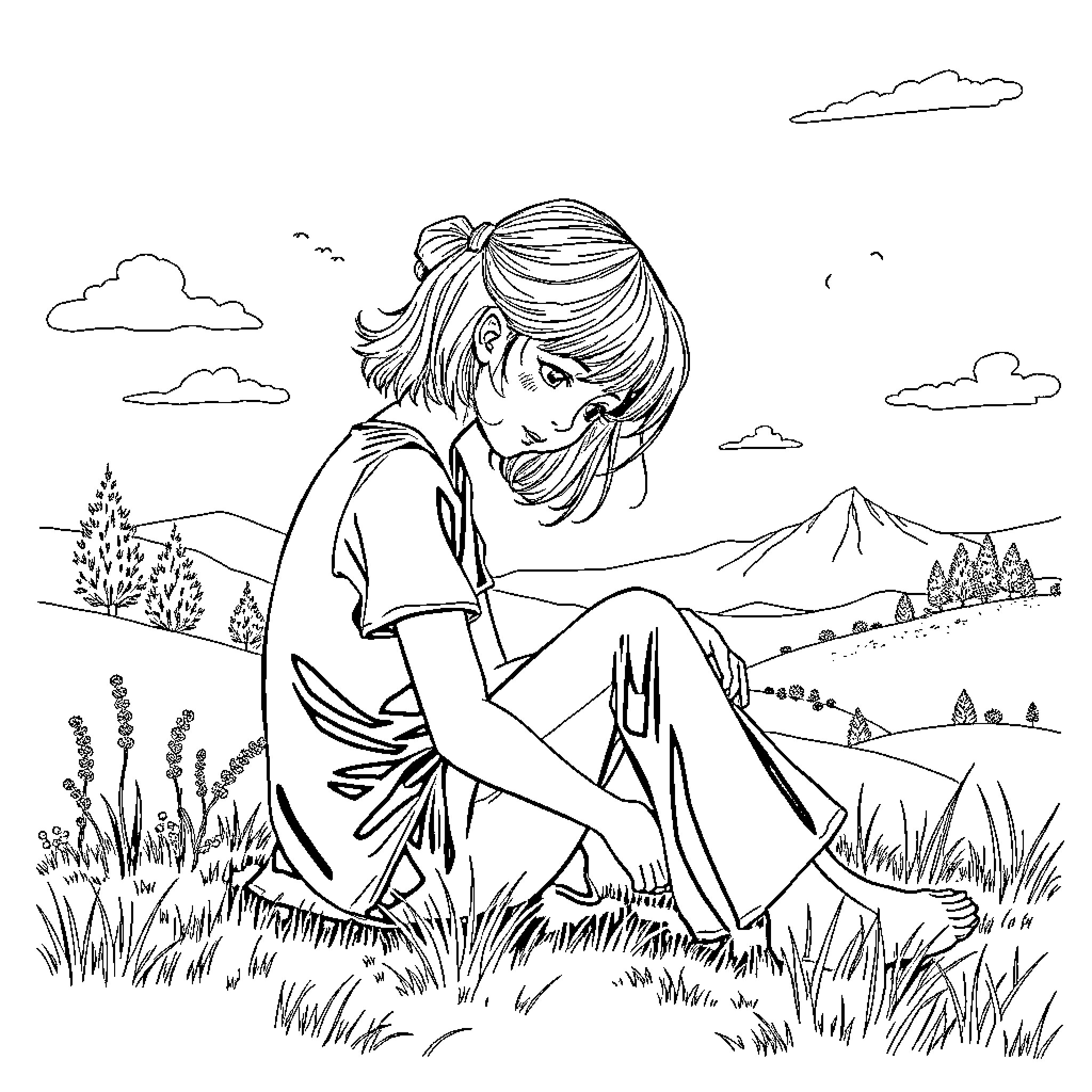 Girl exploring the peaceful countryside landscape Coloring Page (free black-and-white line drawing printable PDF for all, from beginners to advanced learners, including children, teens, adults, and seniors)
